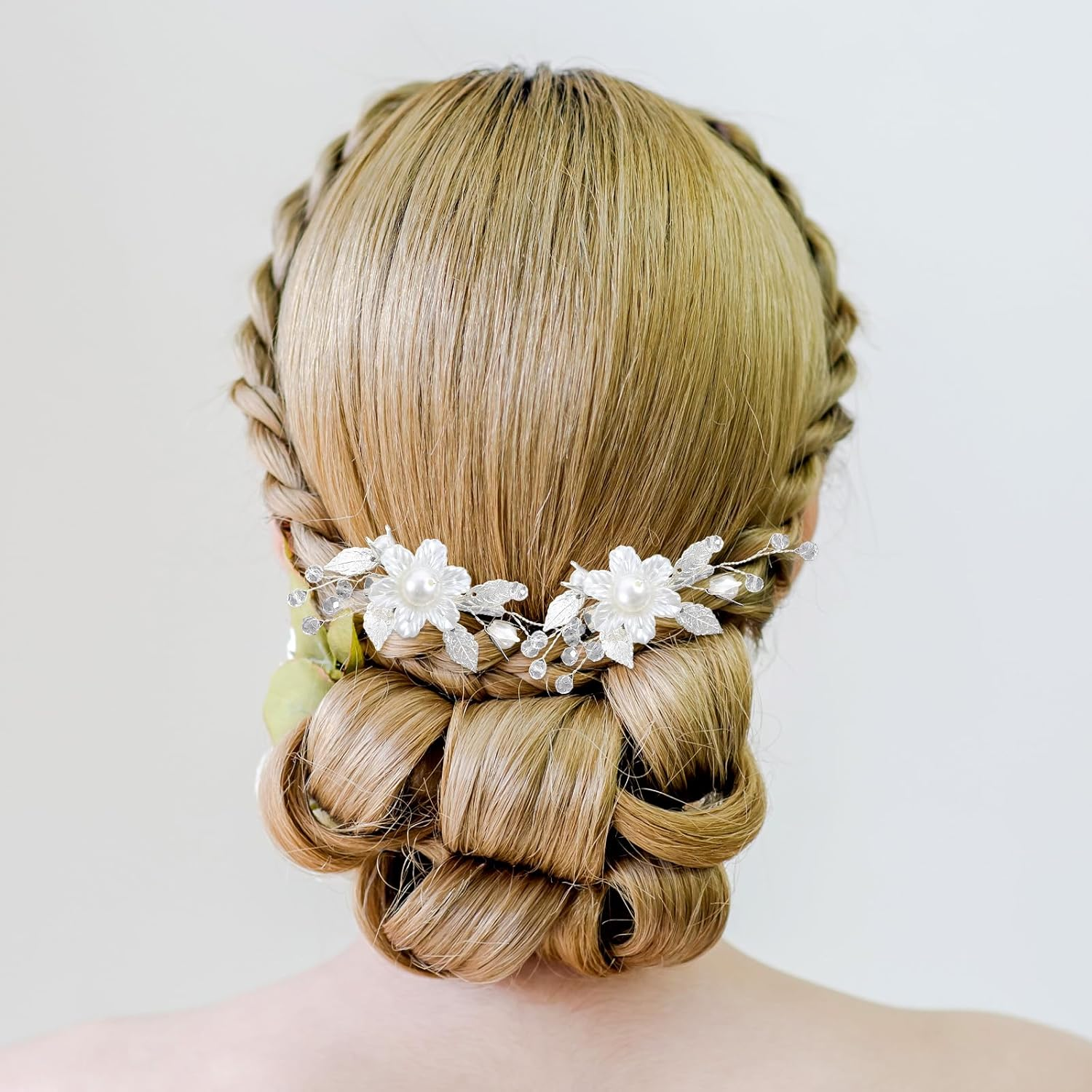 Flower Hair Clips for Women, 2PCS White Flower Clips Silver Leaf Vine Floral Girl Hair Accessory, Pearl Hair Accessories for Brides and Wedding Women image number 3