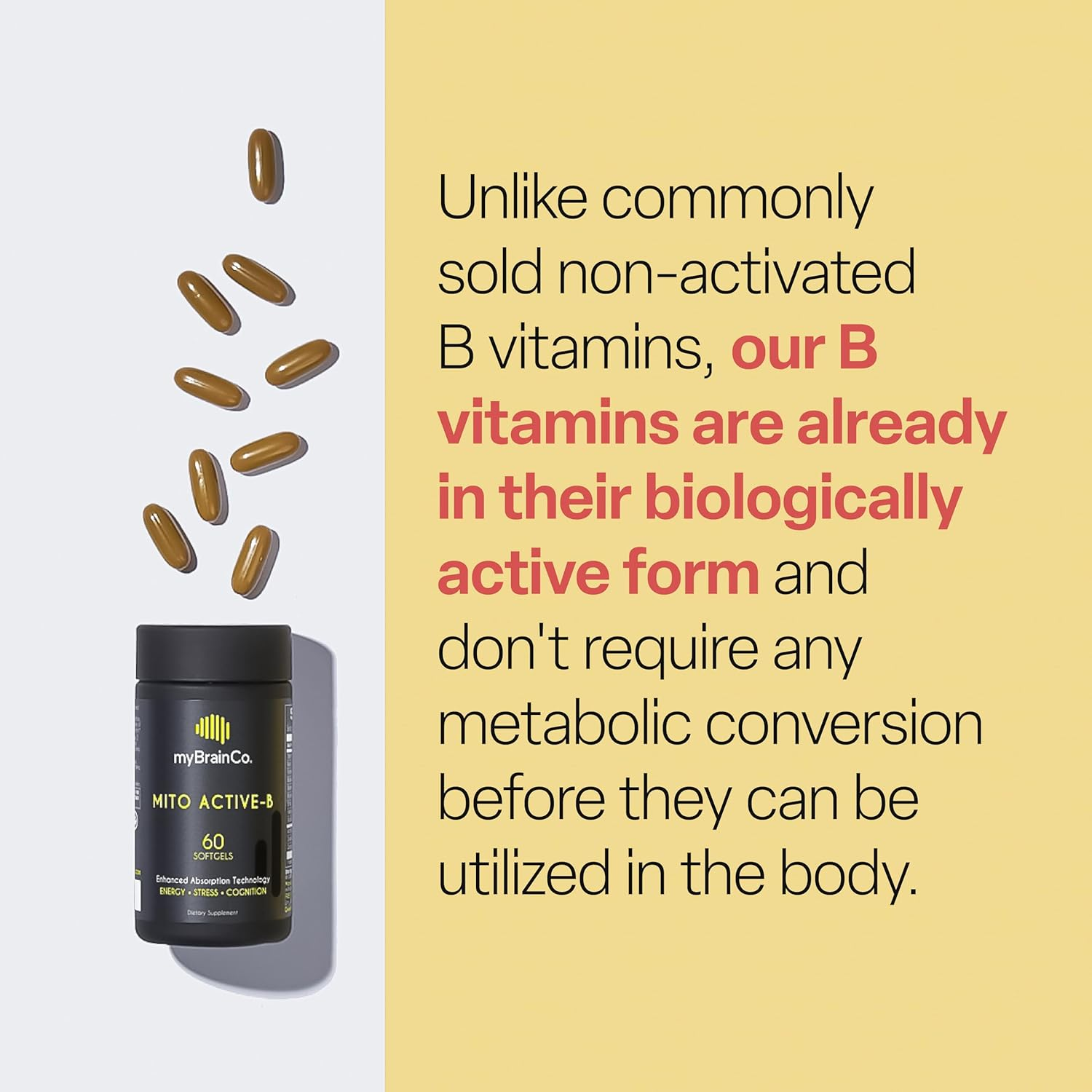 Mybrainco Active-B Complex Supplement - High Strength Activated Vitamin B Complex - Potent B2, B6, B12 Vitamins and Methyl-Folate Supplement to Support Cellular Energy and Cognition (60 Vege-Capsules) image number 2