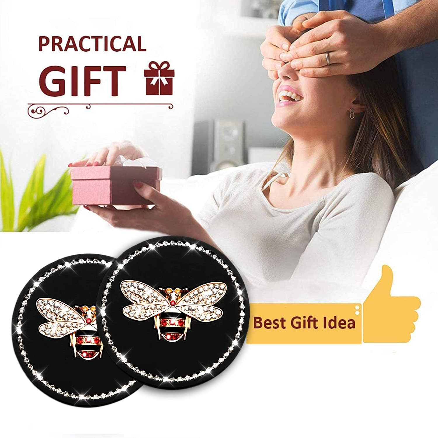 Bling Cup Holder Insert Coaster- 2.95 Inch Silicone Anti-Slip Shockproof, Universal Fashion Car Interior Accessories for Women (Bee, 2 PCS) image number 4