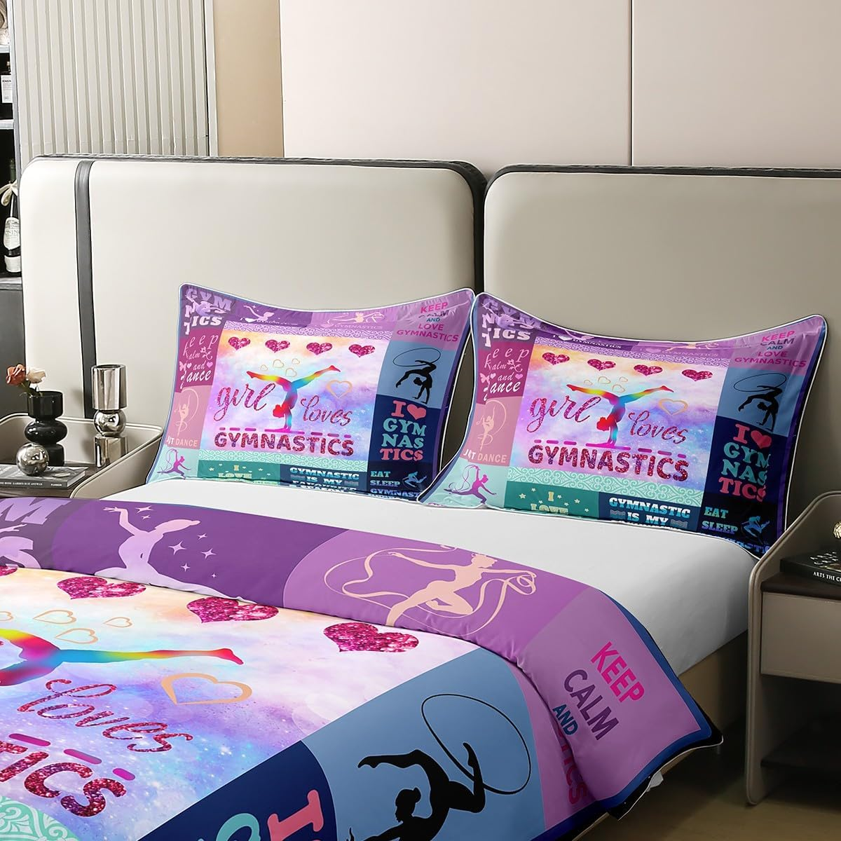 Loussiesd Gymnastics Bedding Set 135 X 200 Cm 100% Cotton Children'S Girls Gymnastics Duvet Cover Set Gifts for Gymnast Lovers Purple Bedding Set image number 2