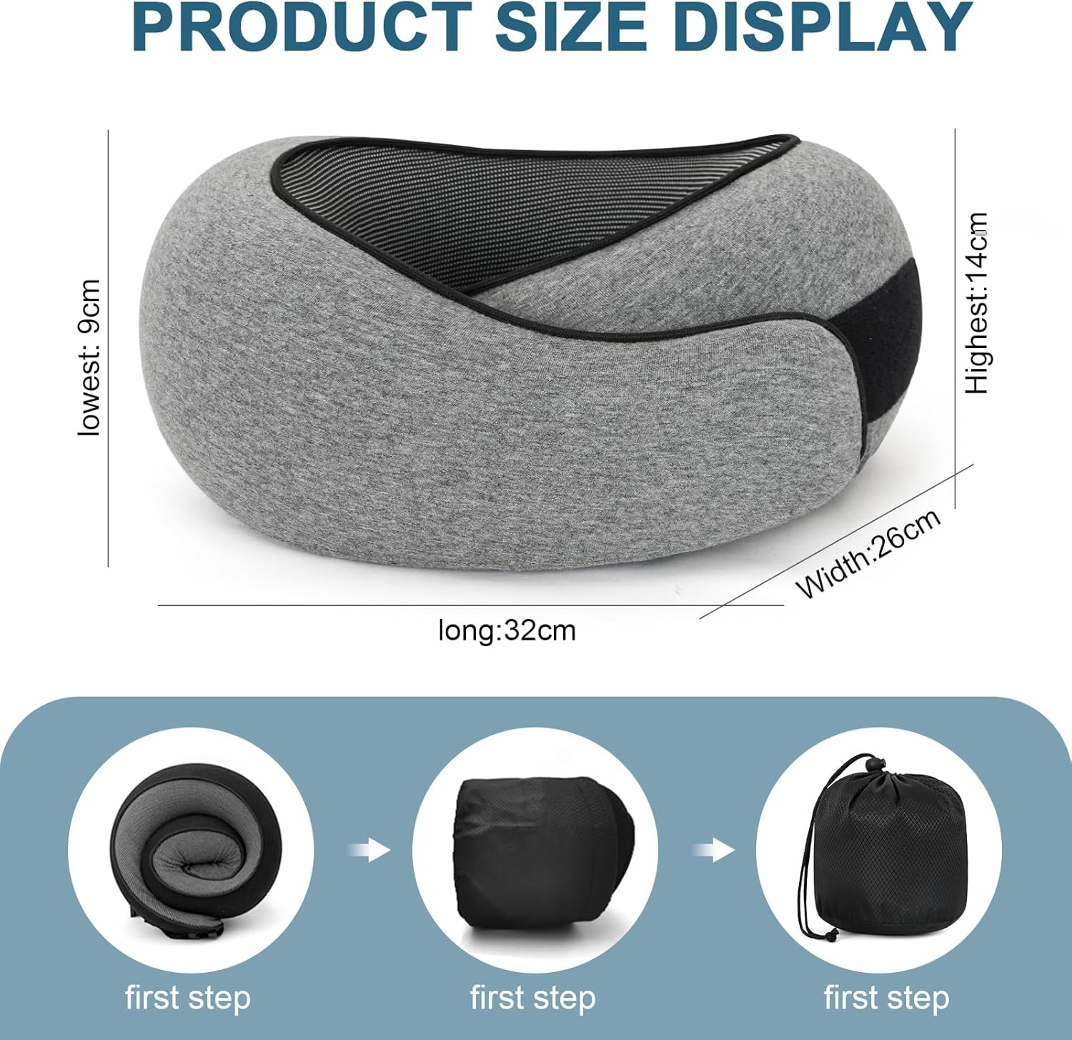 Travel Neck Pillow, Memory Foam Travel Neck Pillow for Airplanes, 360&deg; Support Stowable Pillows for Sleeping, Airplane Travel Kit with 3D Contoured Eye Masks, Earplugs, and Storage Bag (Grey)