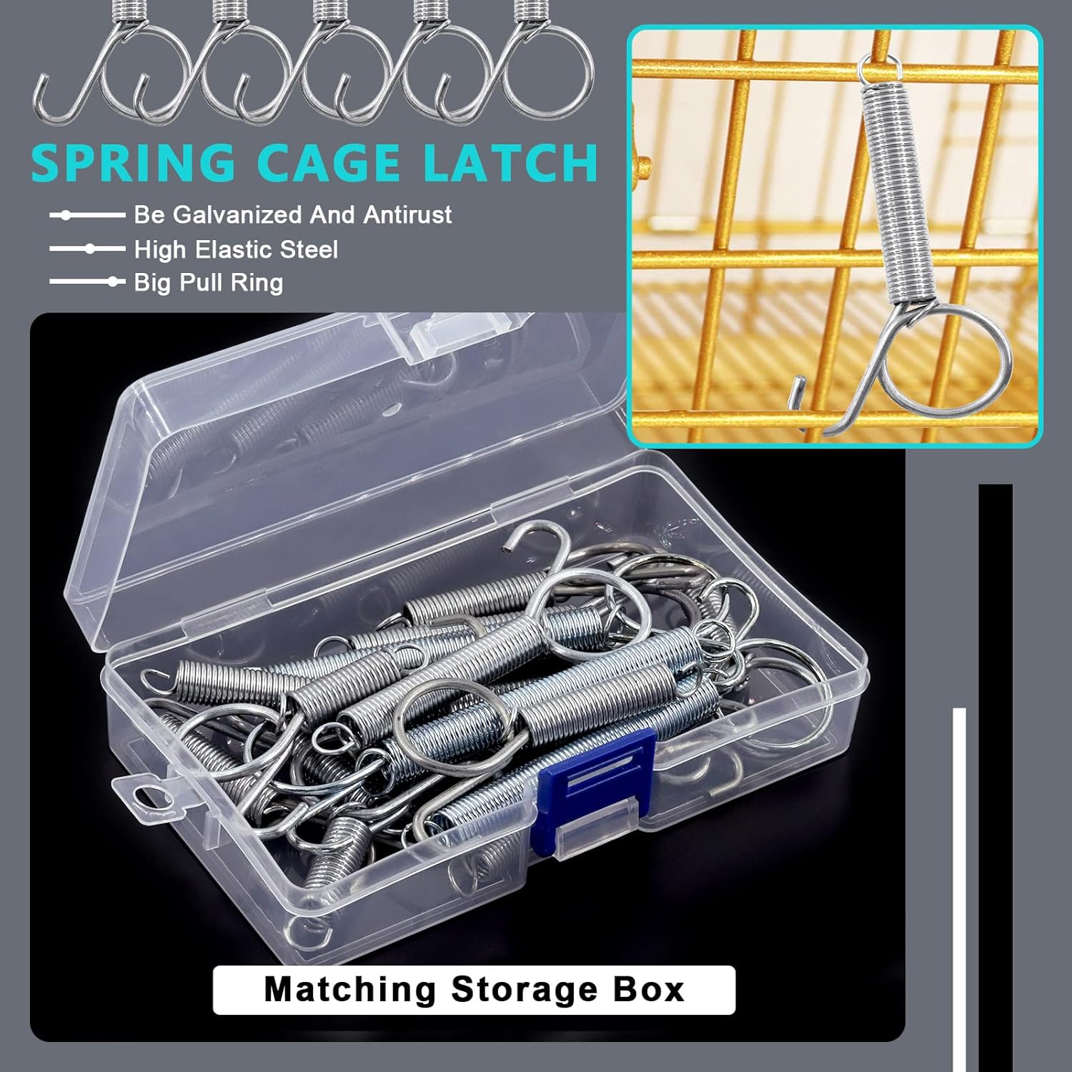 16Pcs 4 Sizes Spring Cage Latch Door Spring Hooks, 2.4'' 2.8'' 3.4'' 4.5'' Spring Door Latch Spring Cage Latch Metal Finger for Fixing Rabbit Dog Cat Bunny Hedgehog Pet Cage Door image number 4