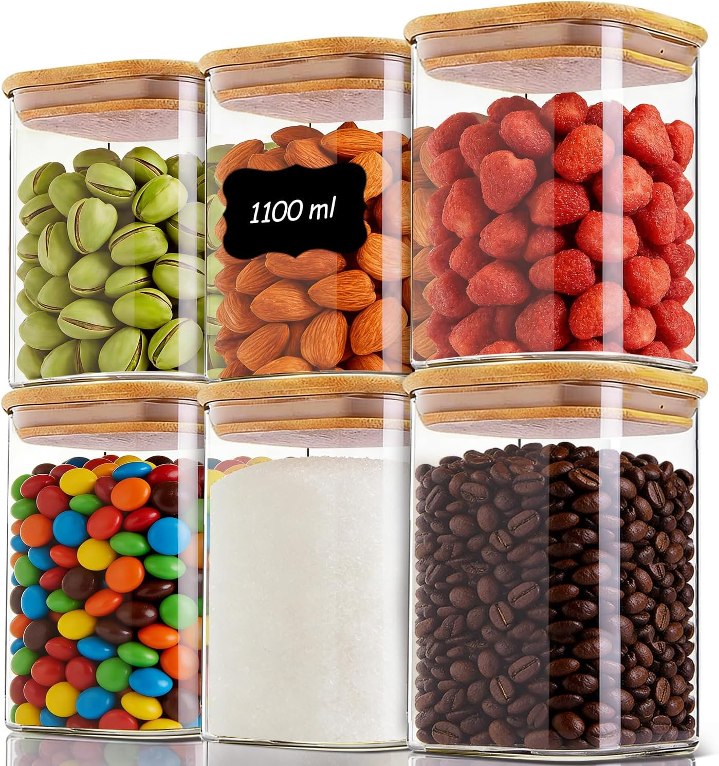 Comsaf Set of 6 Storage Jars with Lids Airtight 1.1 L - Glass Containers with Lid & Storage Jars for Kitchen Organiser, Kitchen Storage & Organisation and Storage Box Kitchen