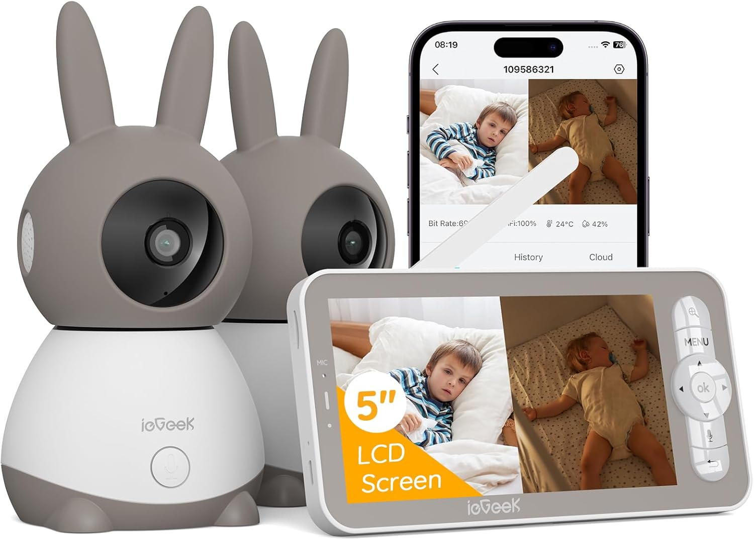Iegeek 2K Baby Monitor with 2 Cameras, Wifi Video Monitor with 5 Inch HD LCD and 2 Way Audio, PTZ Auto Tracking, Mobile APP and Wireless Monitor Control, Cry Detection, Temperature image number 5