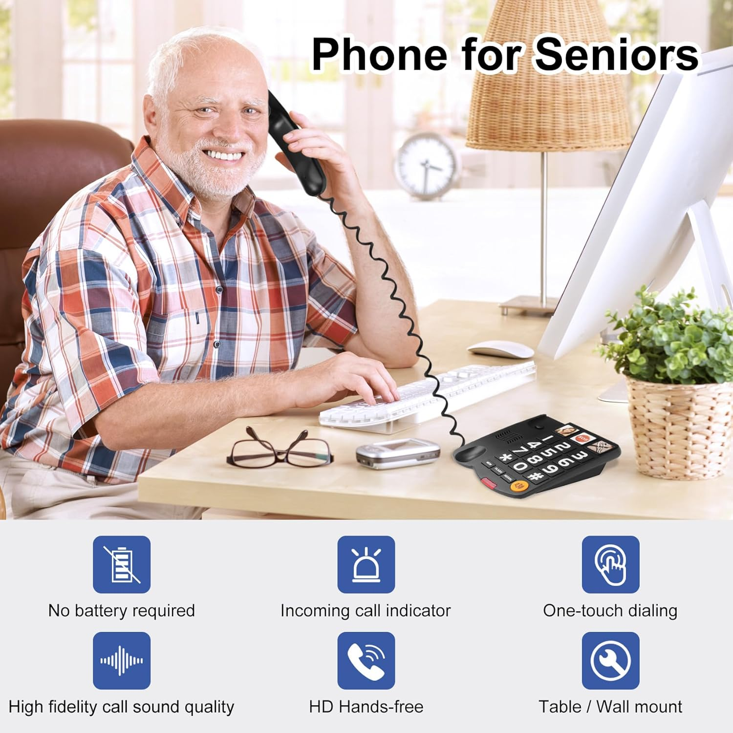 Landline Phone for Hard of Hearing, Phone for Seniors Compatible Hearing Aid, Big Button Phone with Picture, One-Touch Dialing, Elderly Phone for Seniors, Dementia, Alzheimer'S, Hearing Impaired image number 3