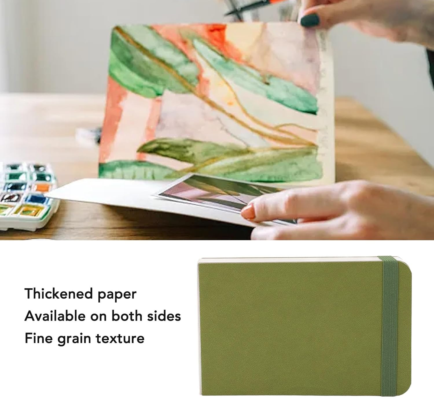 Watercolor Sketchbook, Portable Pocket Travel Diary Book 300GSM 30 Sheets 14 X 9Cm, Ideal for Landscapes, Perfect Travel Companion, Versatile Use, for Outdoor Sketching (Green) - Black image number 4