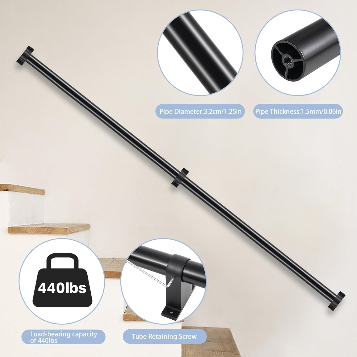 SDNBHT Industrial Stair Railing Metal Hand Rails for Indoor Stairs Wall Mount Staircase Handrails 1.25" Pipe Stair Handrail for Steps Black Aluminum Stairway Railing for Outdoor & Indoor Stairs 4Ft image number 6