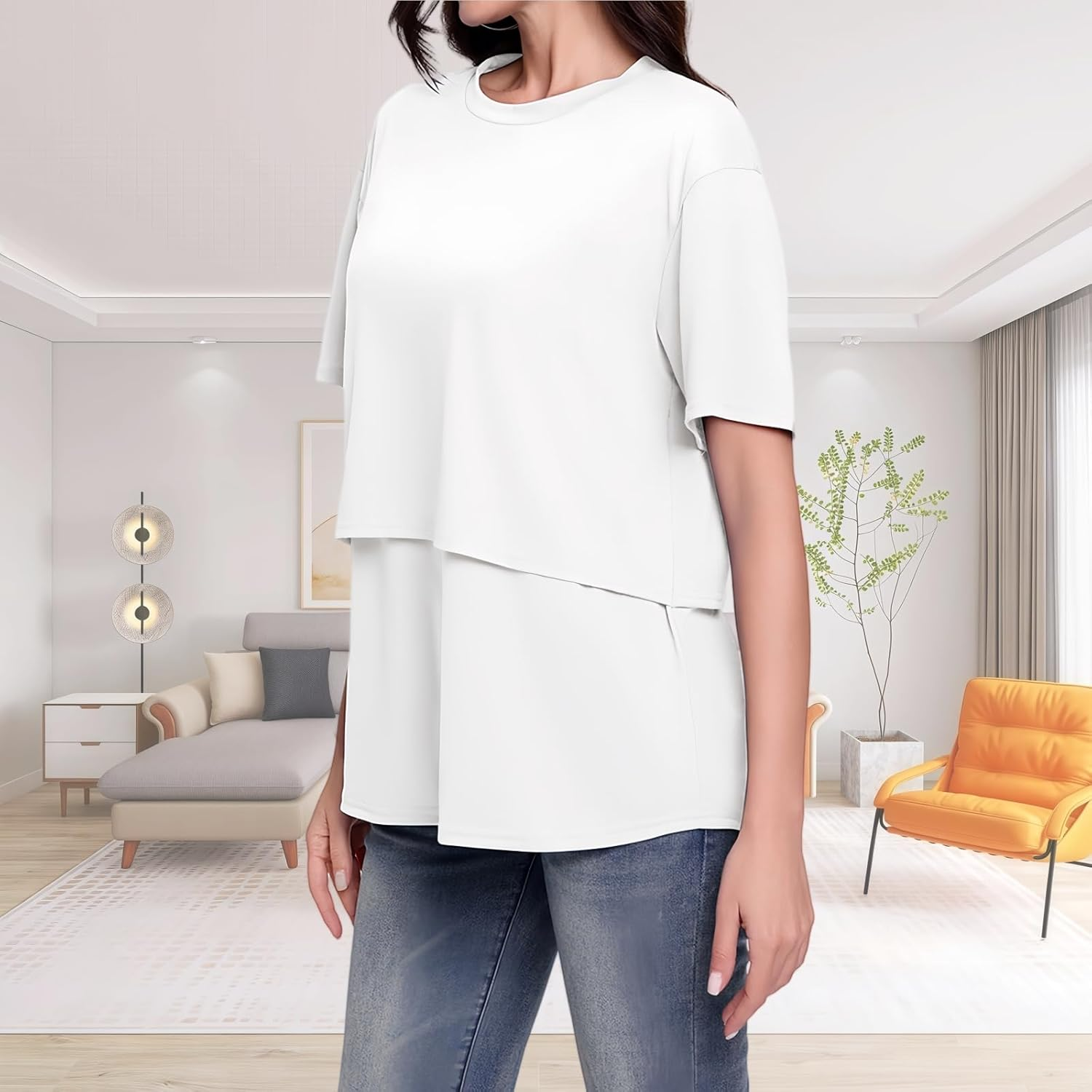 Maternity Tops Short Sleeve Nursing T-Shirt Lift-Up Breastfeeding T Shirts Plain round Neck Basic Nursing Top Loose Fit Pregnancy Clothes image number 2