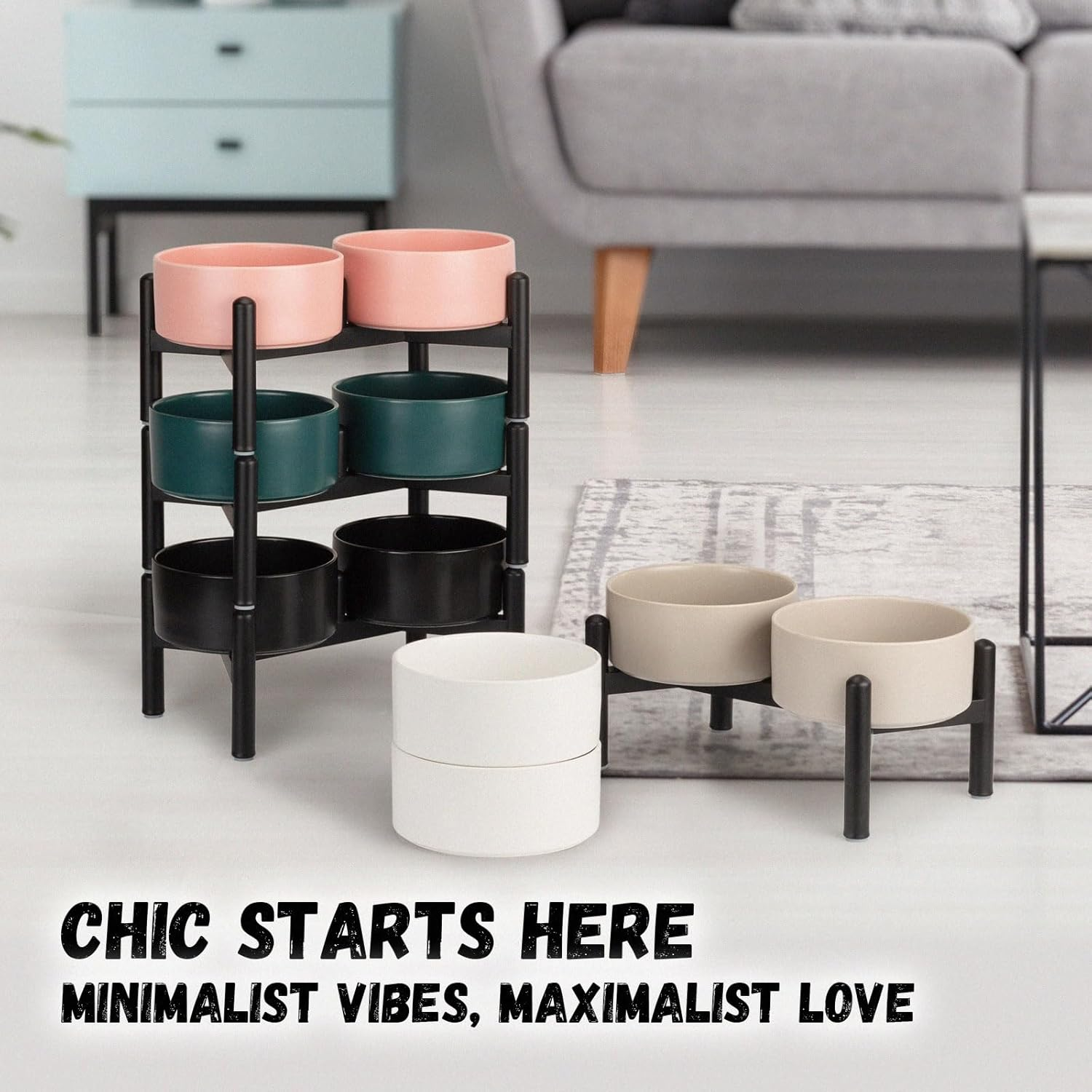 Raised Ceramic Dog Bowl Set - Elevated Double Dishes with Stainless Steel Stand - Food and Water Bowls for Small to Medium Dogs - Each Holds 2 Cups (28.75 Fl Oz) - White image number 5