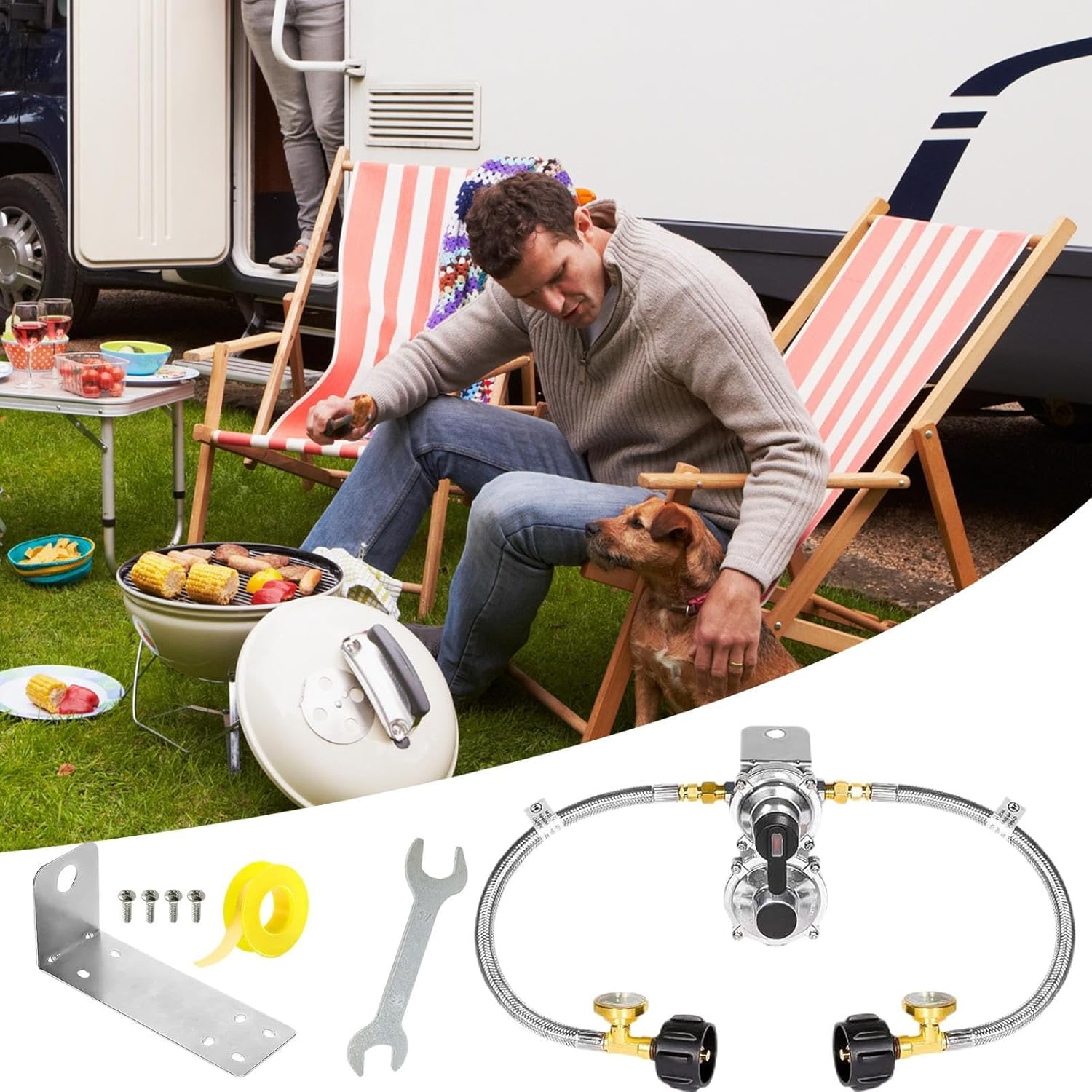 2 Stage Propane Regulator | Trailer Propane Regulator with 18 Inch Hose - Automatic Changeover 2-Stage Adapter with Gauge for Travel House Grill Trailer