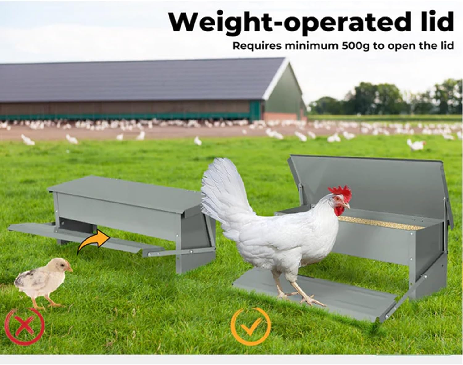 EZONEDEAL Automatic Chicken Food Feeder 8.2L Treadle Galvanized Steel Poultry Feeders Automatic Food Dispenser with Lid, Suitable for Chicken, Bantams, Poultry, Pheasants, Turkey, Chicken Feeder Port image number 2
