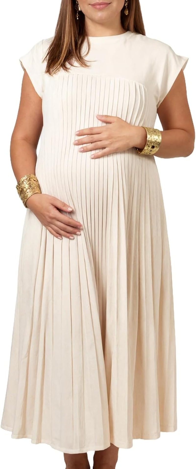 2025 Spring New Maternity Long Sleeve round Neck Pleated Dress Comfortable