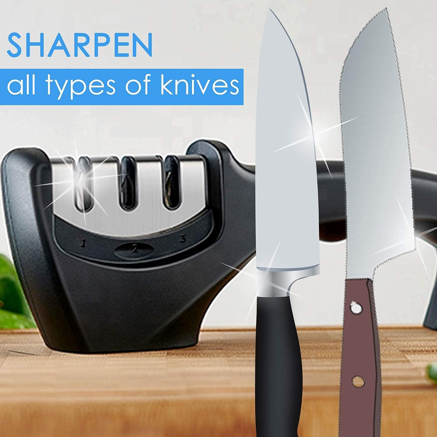 DIRECT from FACTORY Kitchen Knife Sharpener &ndash; Professional 3-Stage Knives Sharpening System for Straight & Serrated Knives, 304 Stainless Steel Manual Machine with Non Skid Base & Ergonomic ABS Handle image number 1