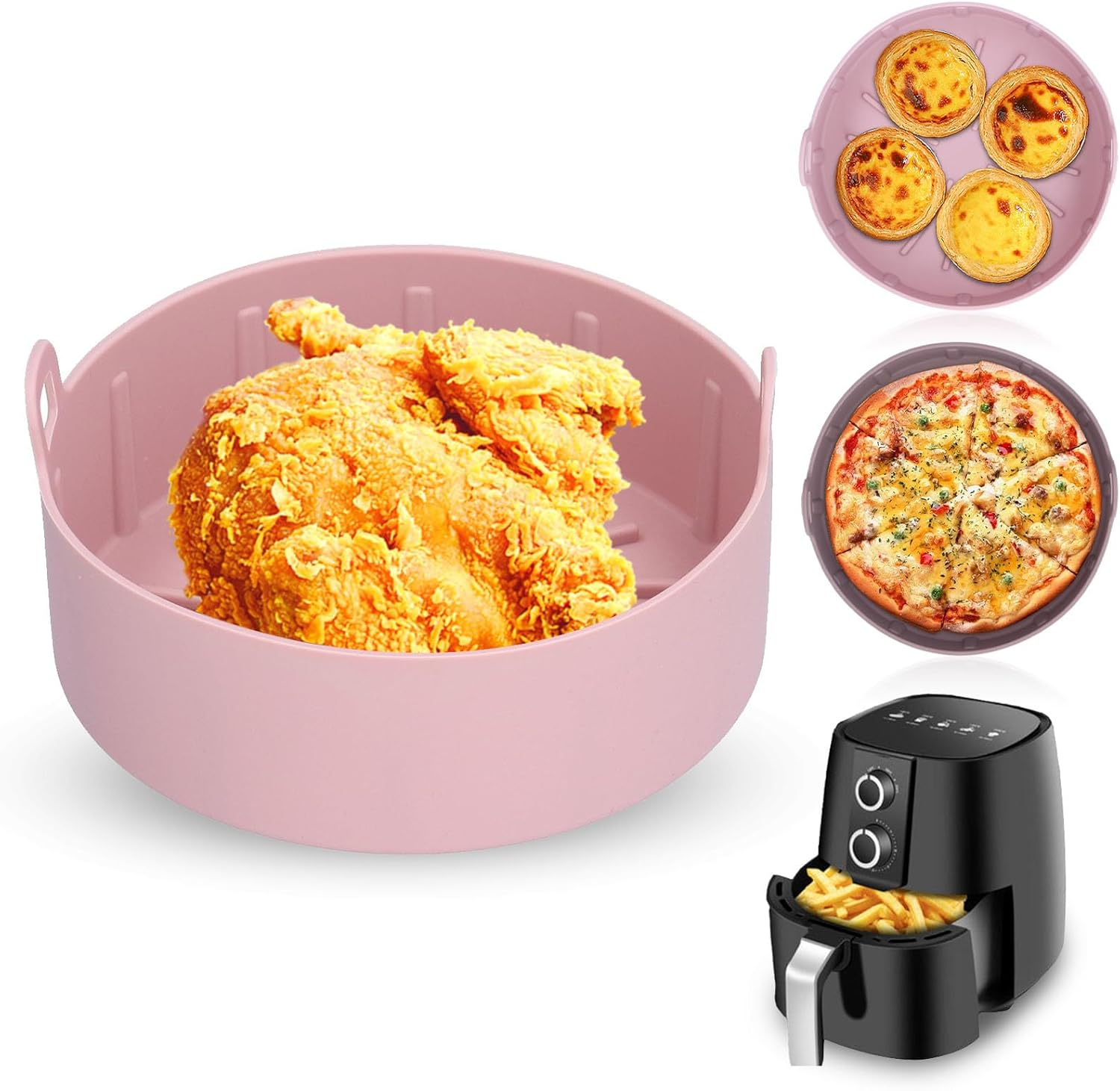 Omabeta Silicone Fryer Basket Tray with Efficient Air Circulation for Convenient Cooking, Reusable Silicone Pot,16 * 16 * 7.5Cm 6.3 * 6.3 * 3In,Pink