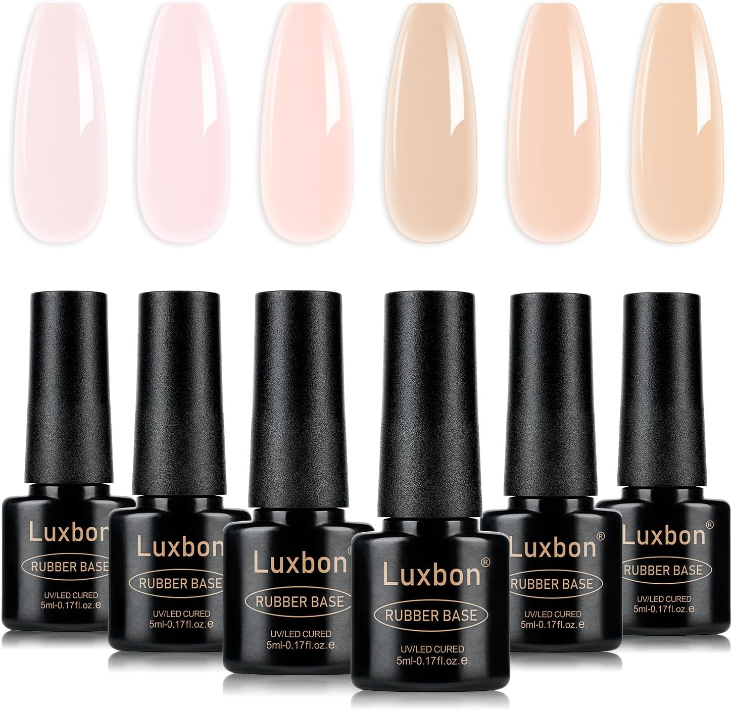 Luxbon 5 in 1 Rubber Base Colour Gel Nail Polish Set, 6 Colours Apex Building Self-Leveling Nude Gel Polish Pink Peach Nail Polish Neutral Sheer for Nails UV LED Soak off Gifts for Women Kit 008