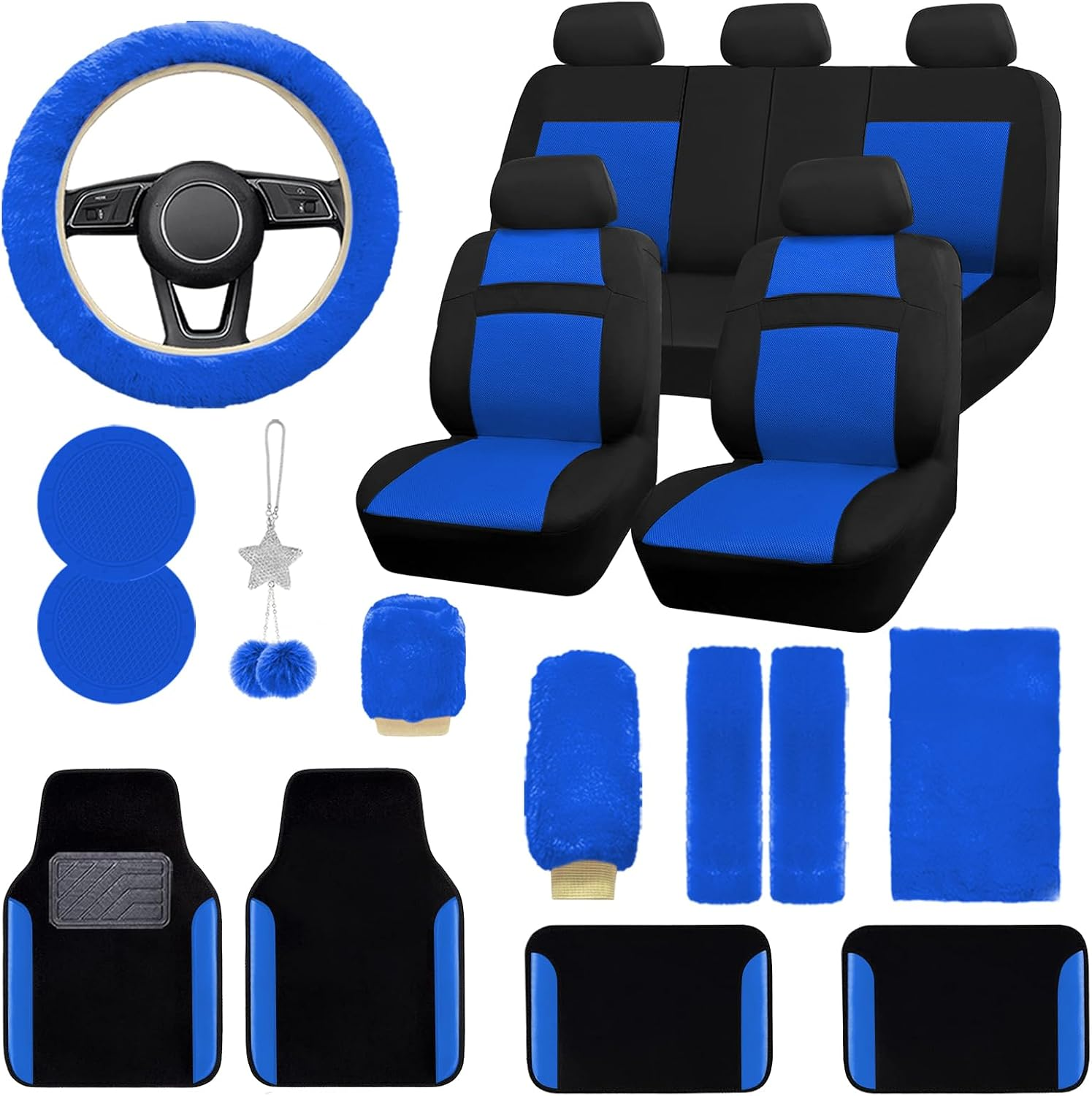 Car Seat Cover Full Set for Women with Waterproof Floor Mats,3D Air Mesh Car Seat Cover with 5Mm Composite Sponge Inside,Universal Fluffy Steering Wheel Cover, Accessories Full(Black)