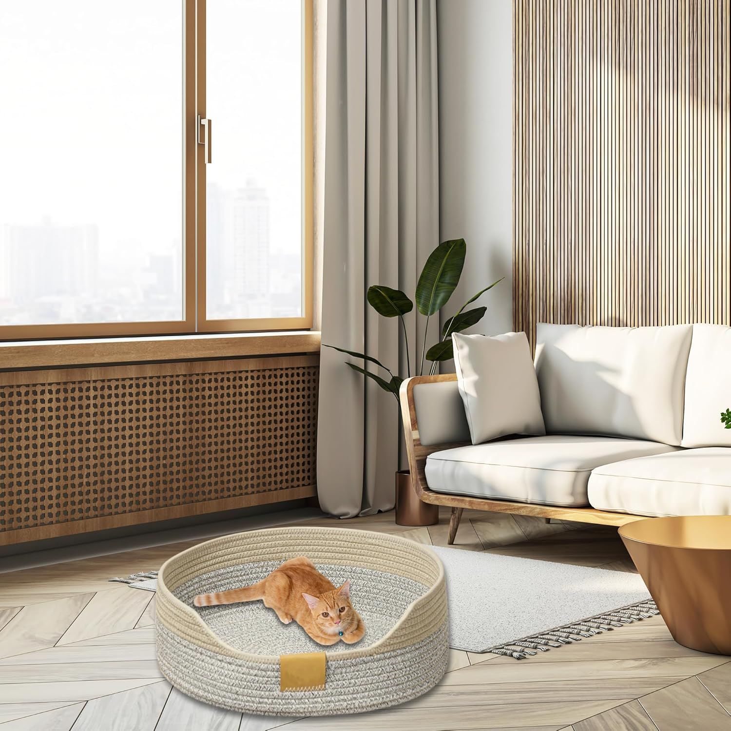 CAPASTEC Woven Cat Bed, 35 Cm Diameter, Foldable Basket Nesting Site, Breathable Pet Lounger, Claw Abrasion-Resistant Universal Kitten Bed, Grey Khaki image number 4