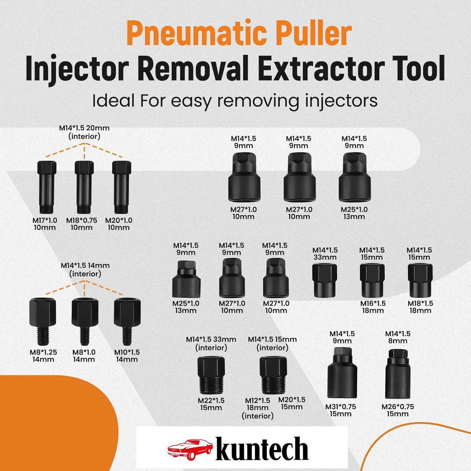 Pneumatic Injector Puller Set, 5-8 Bar Air Vibration Diesel Fuel Injector Removal Tool Set of 37 with Extractor Hammer, 19 Adapters, Extension Hose, and EU US JP Connectors image number 6