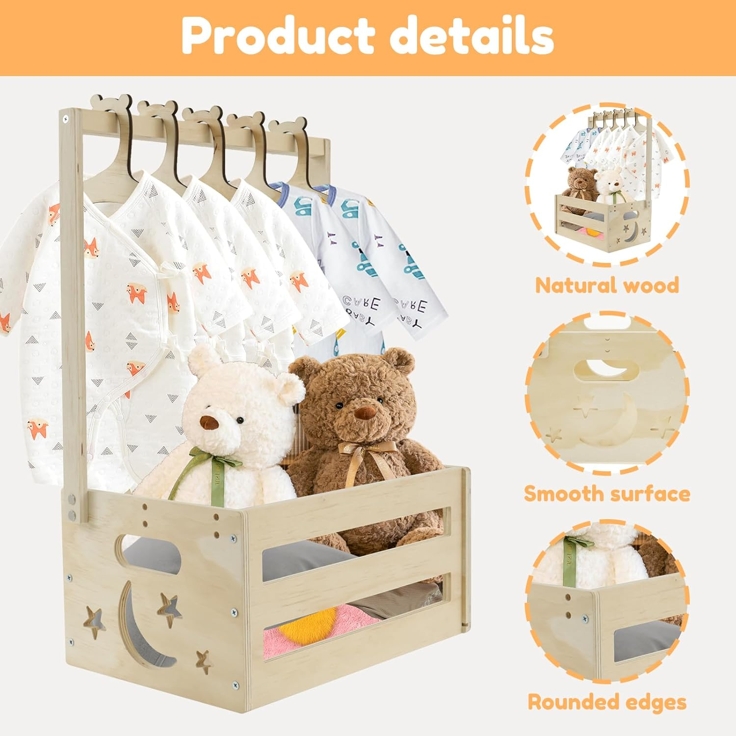 Rustic Wood Baby Storage Crate with 5 Hangers, Large Capacity, Portable Handle, Brown image number 2