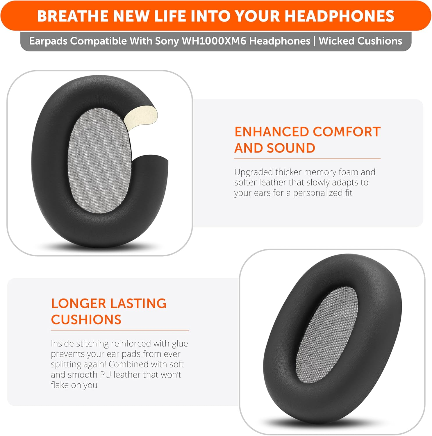 WC Padz XM6 &ndash; Premium Replacement Earpads Compatible with Sony WH-1000XM6 Headphones by Wicked Cushions | Enhanced Comfort, Durable PU Leather & Sound Isolation | Black image number 1
