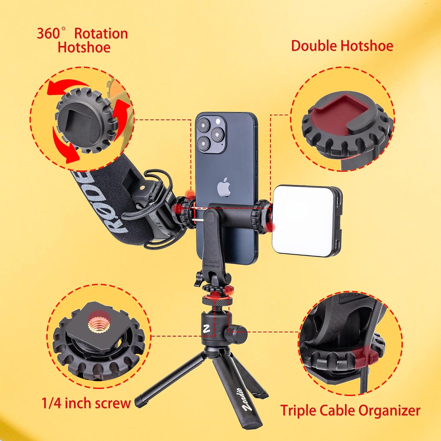 Zeadio Smartphone Tripod Mount Adapter, Cell Phone Tripod Holder Clamp with Triple Cold-Shoe Mount for All Iphone and Android Smartphones Light Microphone Etc image number 5