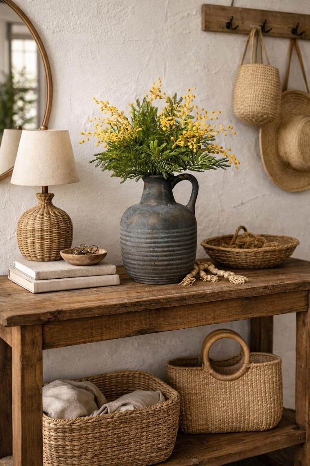 SIDUCAL Rustic Ceramic Farmhouse Flower Vase with 1 Handle-Height 8.43" Terracotta Vase, Unique Textured Pottery Flower Vases for Home Decor, Table, Wedding, Living Room, Shelf Decor, Bronze Black image number 2