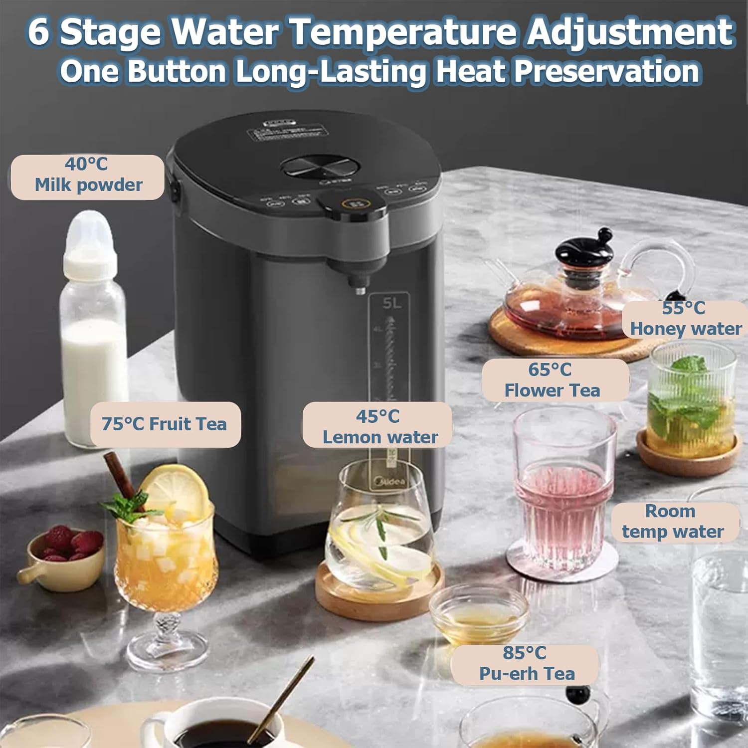 MIDEA Hot Water Dispenser, 5L 316 Stainless Electric Hot Water Dispenser W/Digital Display & Child Lock, Adjustable 6 Temperatures Water Boiler and Warmer for Tea, Coffee and Baby Formula, 1600W image number 2