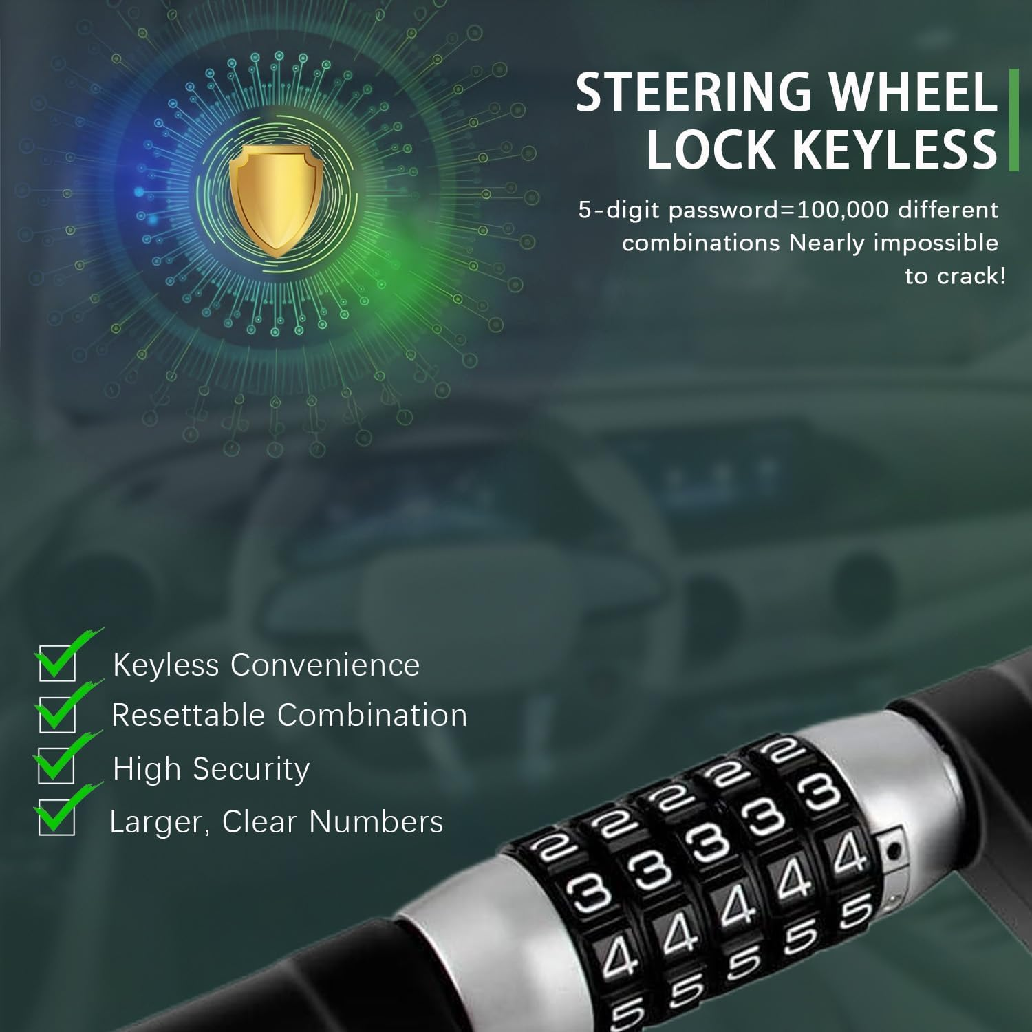 Steering Wheel Lock, Car Lock anti Theft Keyless Extendable Retractable Password 5 Coded Combination Lock, Heavy Duty Universal Fit