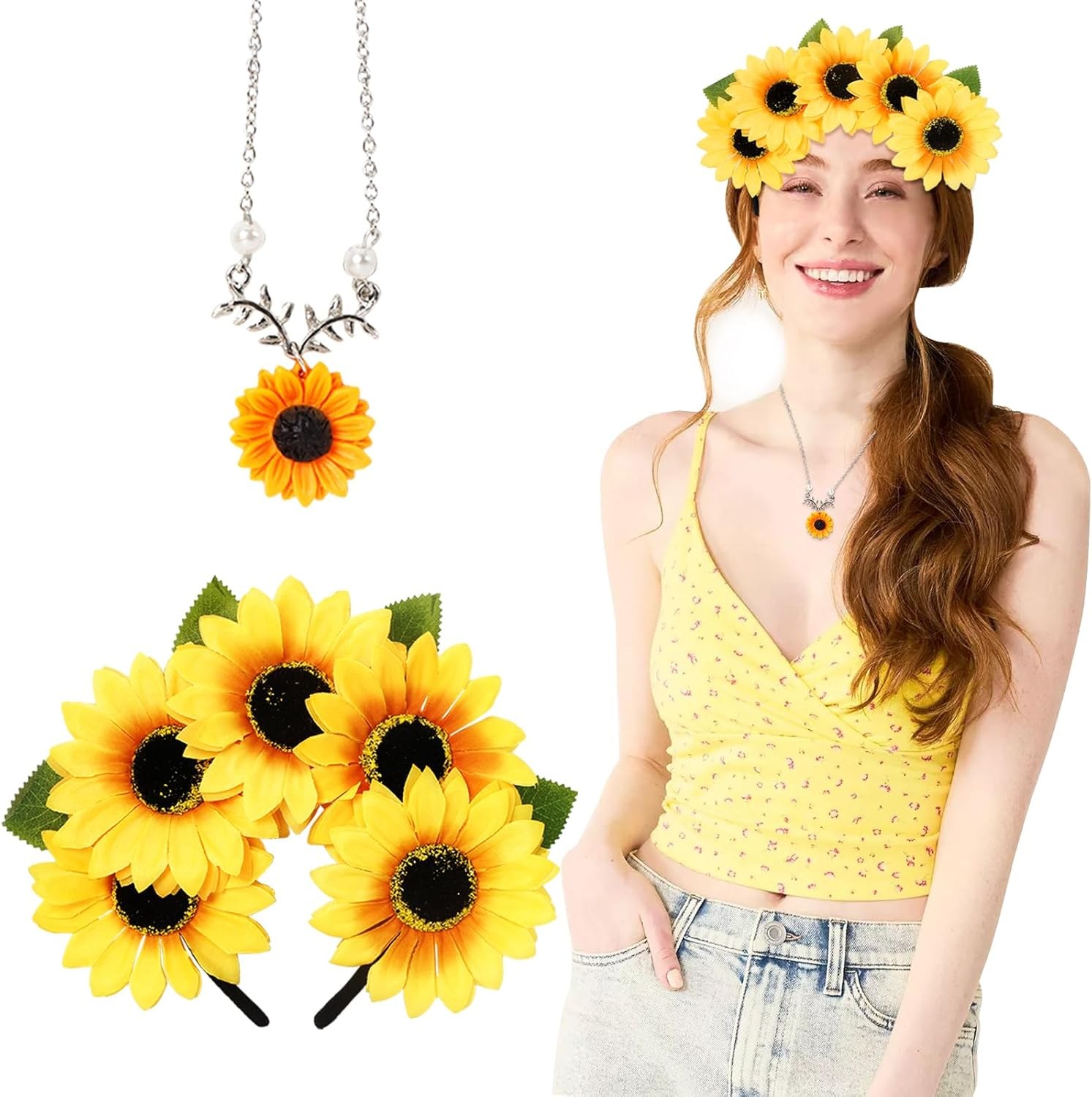 Rigidstone Sunflower Headband, Bohemian Sunflower Headpiece with Sunflower Necklace, Women Flowers Headband for Beach Photography Props Masquerade Party Decoration Pack of 2 image number 2