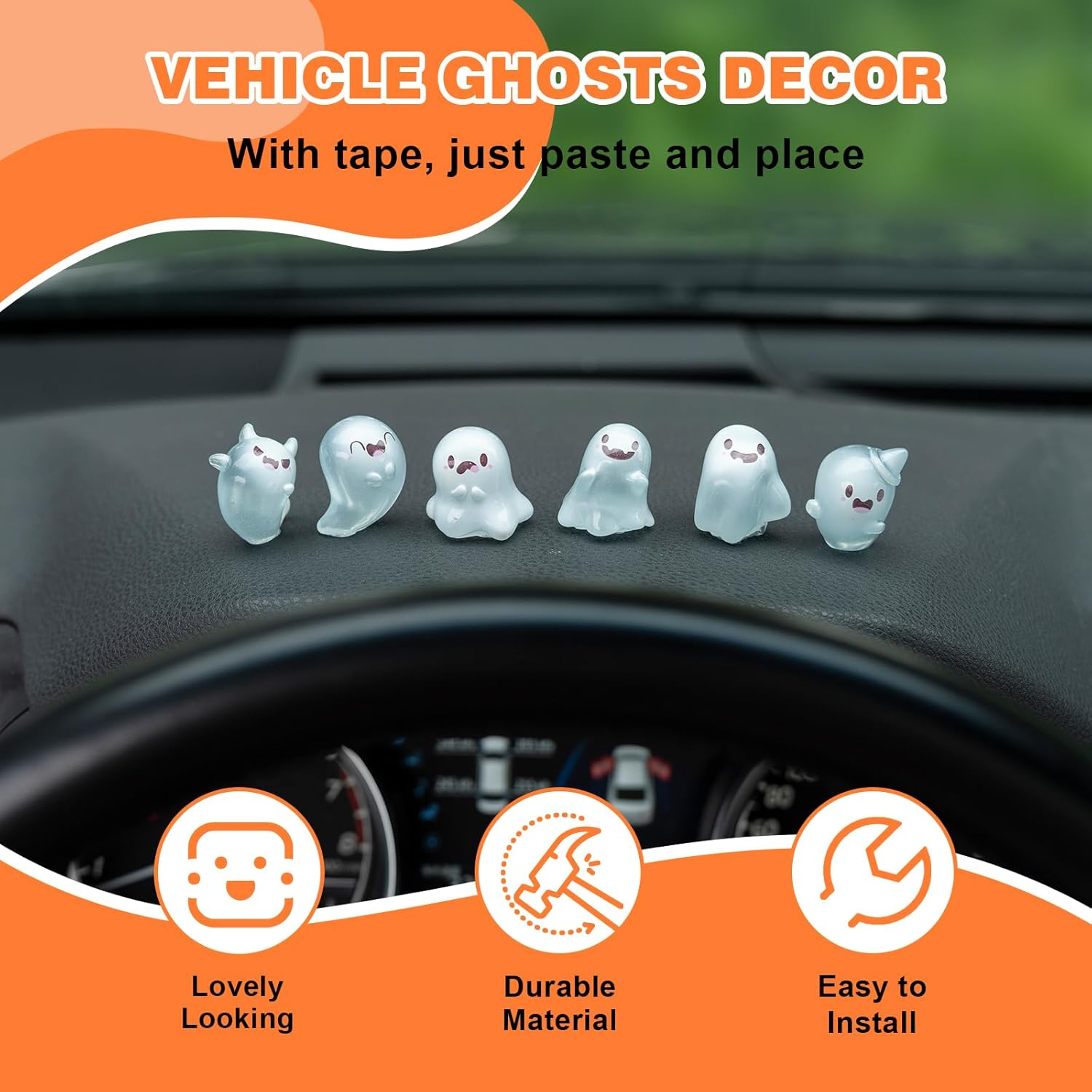 Rislobx Luminous Ghost Car Dashboard Decor, 6PCS Fun Ghost Car Dash Decorations Car Rear View Mirror Ornament Interior Accessories for Home Office image number 1