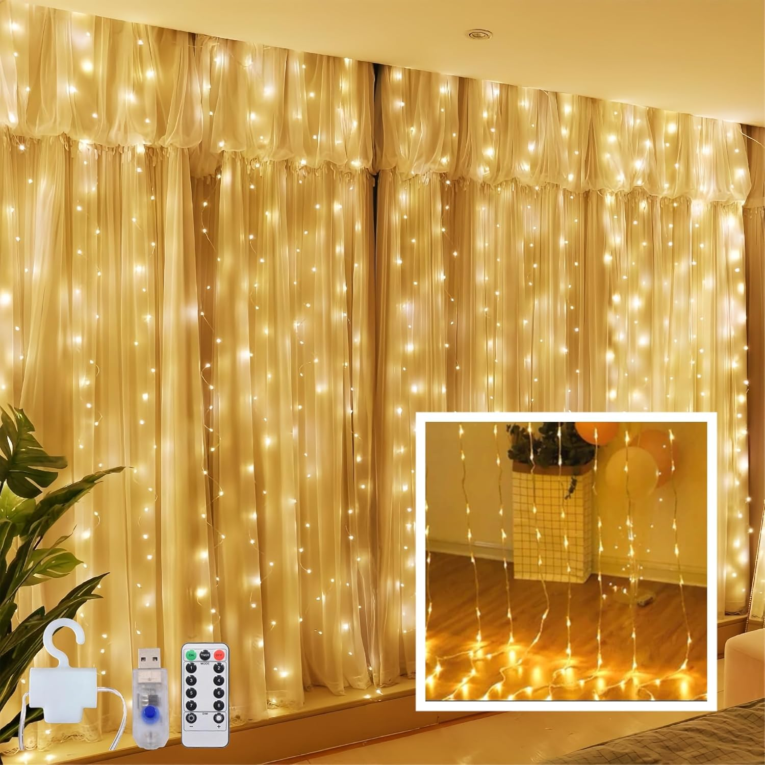 Clearhill 3 * 3Curtain String Lights 300LED Warm 8 Modes Soft Wire Curtain Lights with Remote & Timer, USB Operated, Waterproof for Indoor/Outdoor Decorations，Bedroom，Wedding，Party