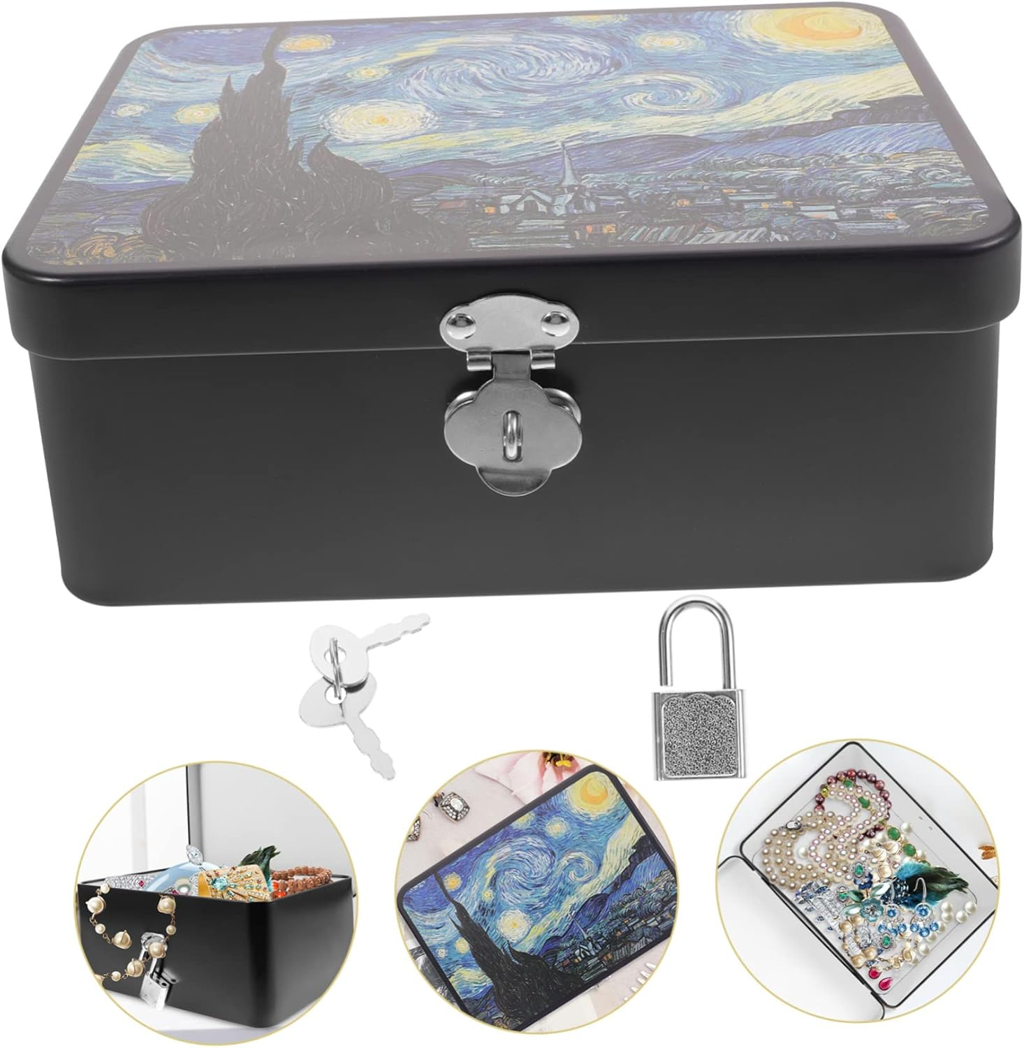 Vintage Medium Tinplate Storage Box Lock Decorative Lockable Small Metal Organizer Case for Home Desktop Keepsake and Jewelry Storage image number 6