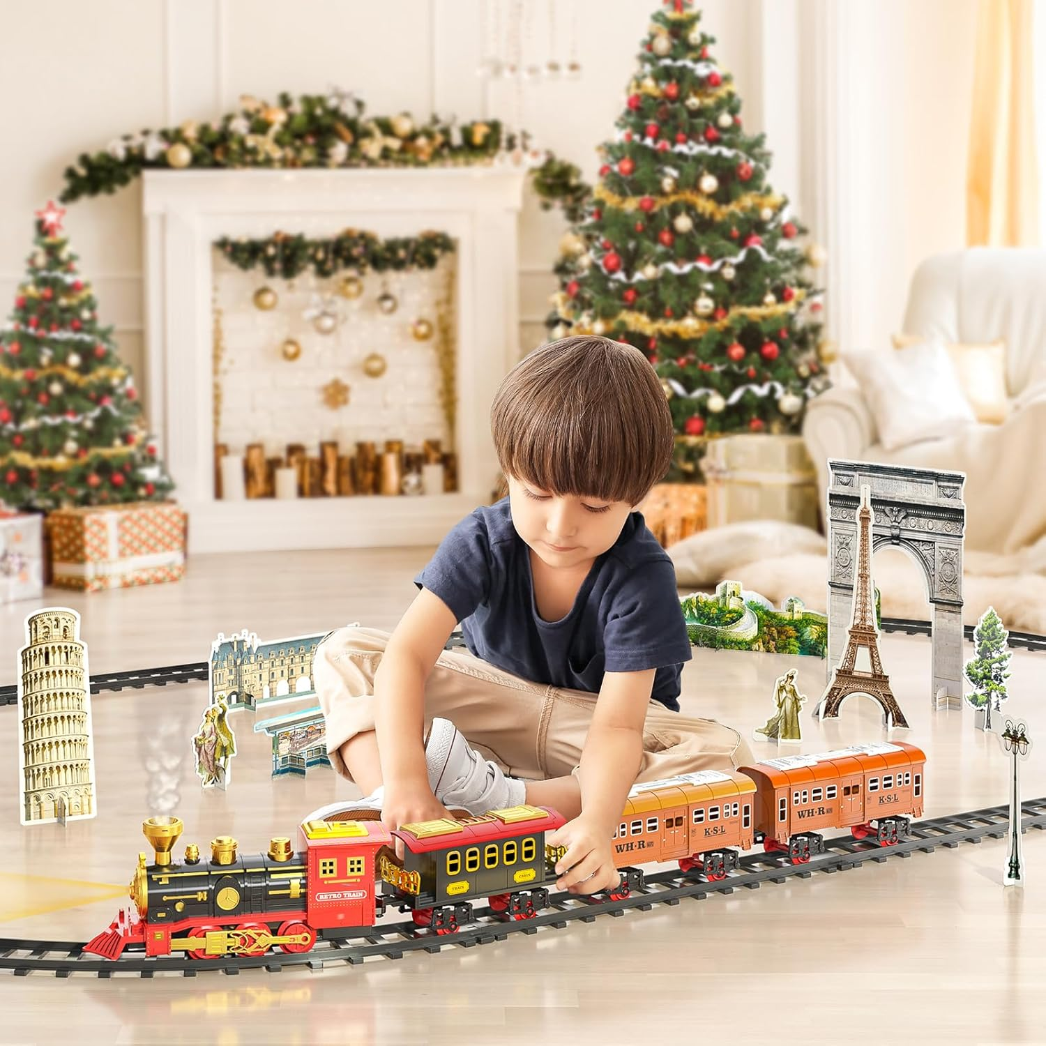 Train Sets with Steam Locomotive Engine, Cargo Car and Tracks, Battery Powered Play Set Toy W/Smoke, Light & Sounds, for Kids, Boys & Girls 3 4 5 6 7 Years Old image number 3