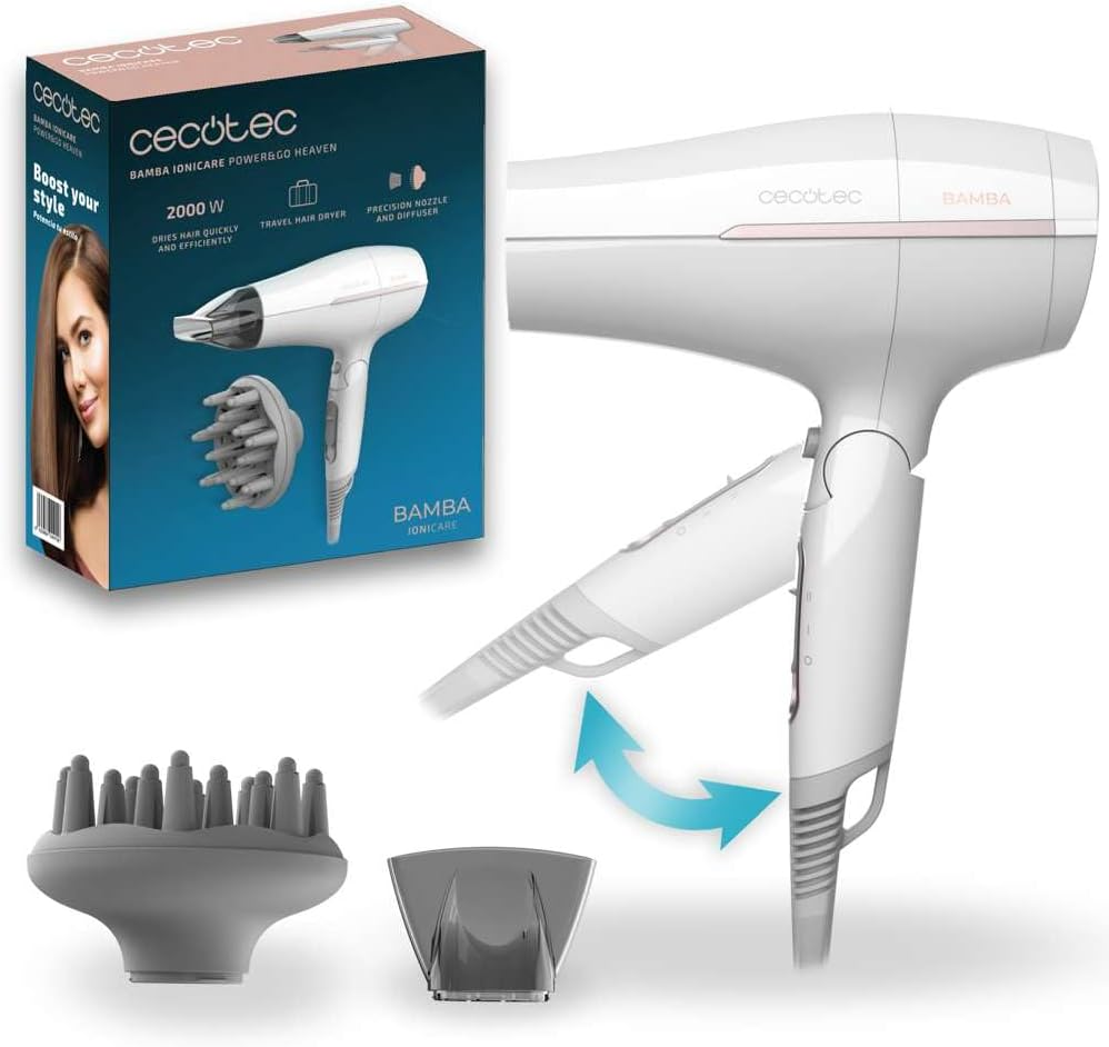 Cecotec Ionicare Powerundgo Heaven Travel Hair Dryer, 2000 W, 2 Temperatures, 2 Speeds, Cold Air Function, Includes Concentrator and Diffuser, Hair Care System, Easy Cleaning, Hanger image number 5