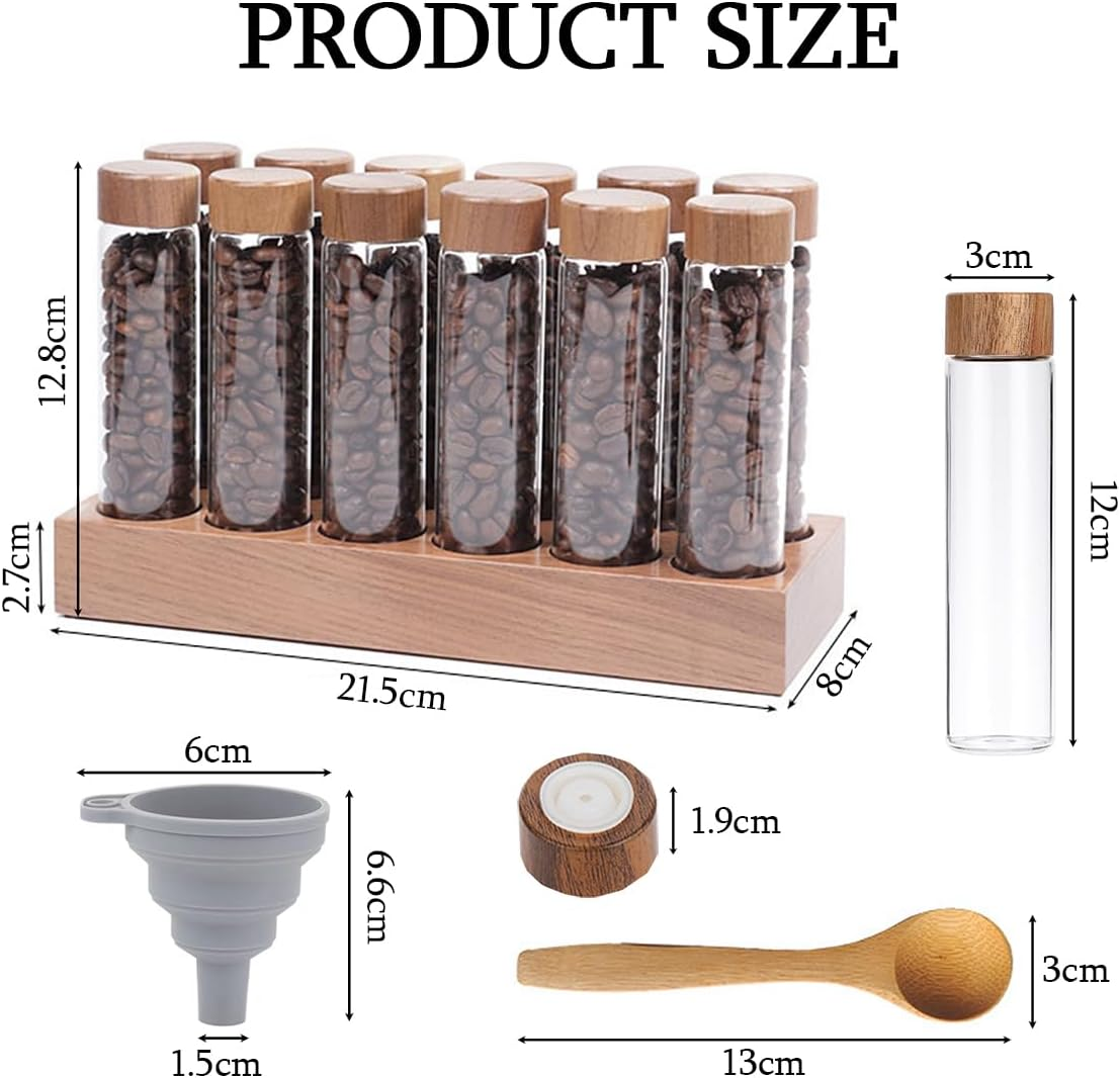 Coffee Bean Storage Tubes with One-Way Exhaust Valve and Airtight Lids, 12 Pack Single Dose Glass Coffee Bean Canisters with Walnut Solid Wood Base, Funnel, Spoon, 2Oz/60Ml image number 5