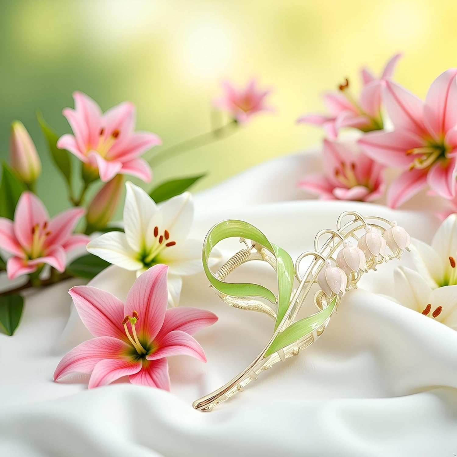 1PC Pink Lily of the Valley Flower Hair Clips, Large Metal Claw Clip,Orchid Clamps,Lily Jaw Clamp Styling Accessories for Thick Thin image number 3