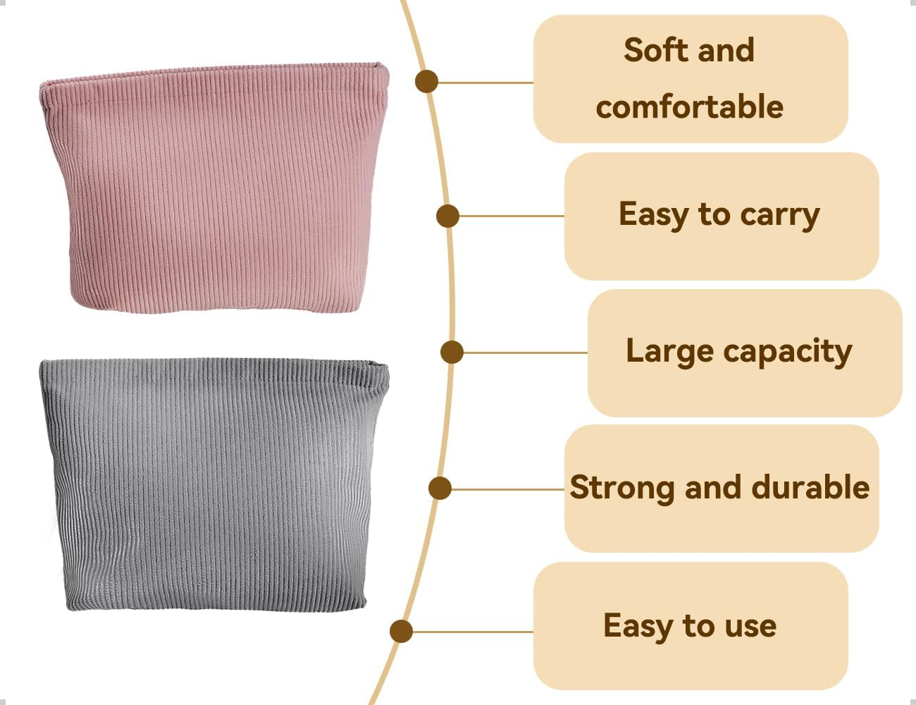 Emezddo Pack of 2 Cosmetic Bags, Portable Corduroy Women Girls Makeup Bag, Small Travel Make up Bag with Zip, Used for Travel, Home, Office, Skincare (Grey and Pink) image number 1