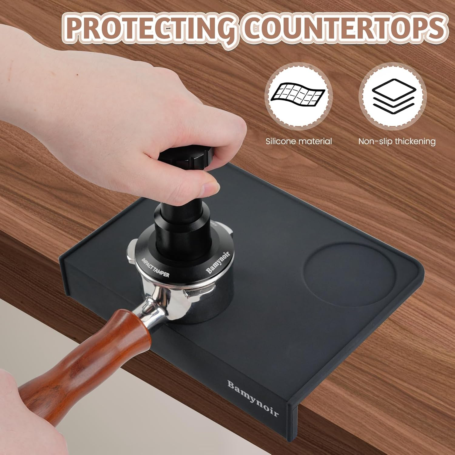 Bamynoir Coffee Tamper Mat,Espresso Tamping Station,Food Grade Silicone,8&Prime;&times;6&Prime;Premium Barista Tamping Mat,Non-Slip Portafilter Base & Espresso Station for Precision Coffee Grounds (Black-A)