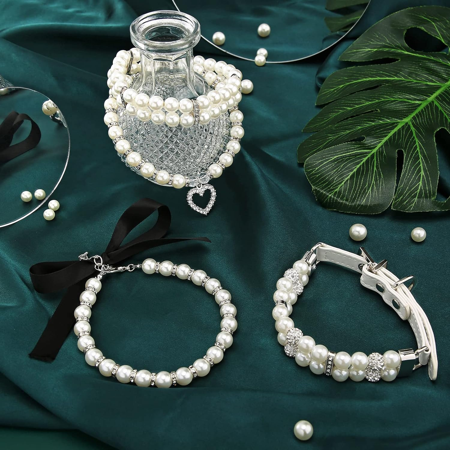 4 Pieces Dog Pearl Collars Pet Pearl Necklace Set Cat Pearl Neck Strap Crystal Rhinestones Pearls Charms for Small Dogs Cats Wedding Birthday Party (Medium) image number 4