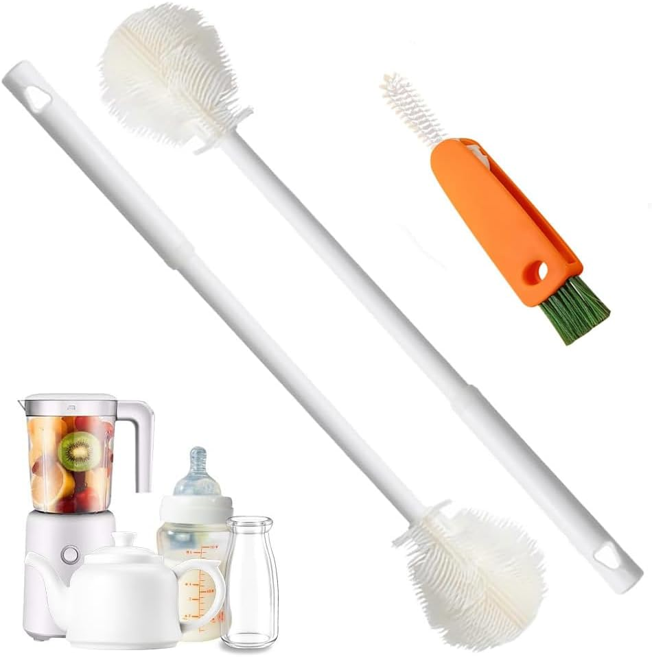 2 PCS Silicone Cleaning Brush Long Handle, 1PCS 3 in 1 Tiny Bottle Cup Lid Detail Brush,Reusable Bottle and Cup Brush, Suitable for Kitchen and Home Use Bottle Cleaning Brush Cleaning Tool image number 1