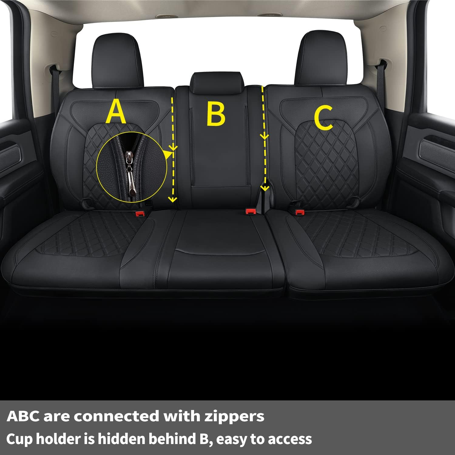 Feelit Fit Ram 1500 2019 2020 2021 2022 2023 2024 2025 2026 Crew Cab Back Bench Seat Covers Waterproof, Custom Fit Ram 4/6 Split Rear Flat Seats with Unremovable Middle Headrest (01-Rear) image number 6