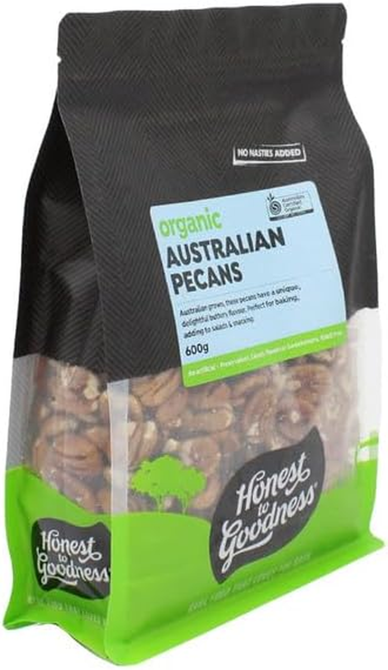 Honest to Goodness, Organic Australian Pecans, 600 Grams - Enjoy the Deliciously Rich, Buttery Flavour and Texture of These Aussie Grown Nuts! Desired in Sweet and Savory Recipes.