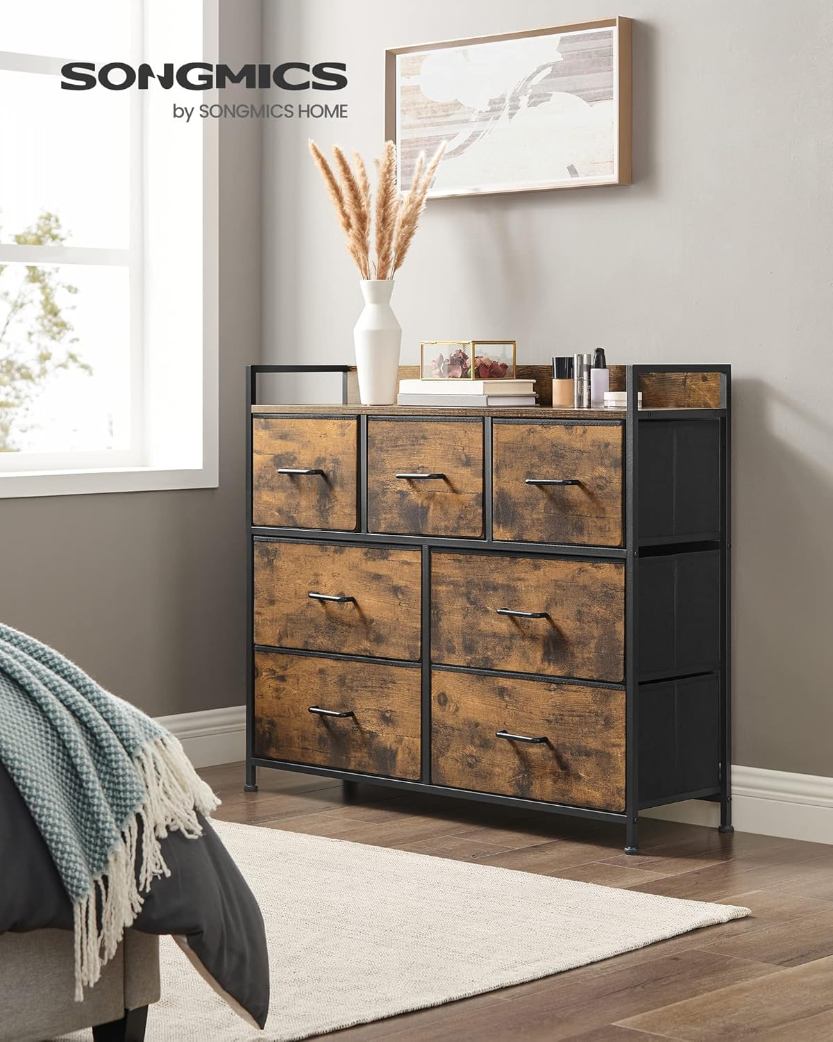 SONGMICS Dresser for Bedroom, Chest of Drawers, Clothes Organizer Storage Unit, 7 Fabric Drawers with Handles, Metal Frame, Rustic Brown and Ink Black ULTS137B01 image number 5