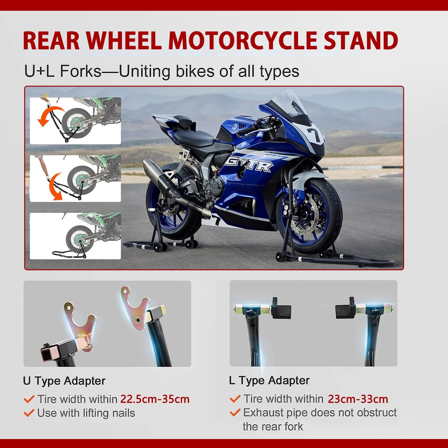 LIODUX 850LBS Motorcycles Stand Lift Stand, Front Rear Combo Lift Stand, Front Wheel Fork Stand, Rear U+L Fork Swingarm Spool Stand, Compatible with Most Motorcycles image number 6