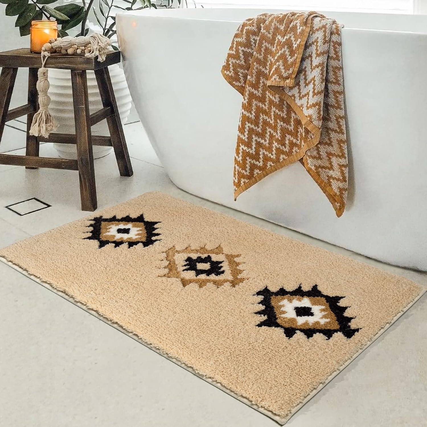 DEXDE Boho Bathroom Rugs 20X32, Luxury Soft Absorbent Bath Mat Non Slip Moroccan Geometric Bath Rugs Carpet for Bathroom Shower Kitchen Entryway Farmhouse Neutral Decor, Cream Beige