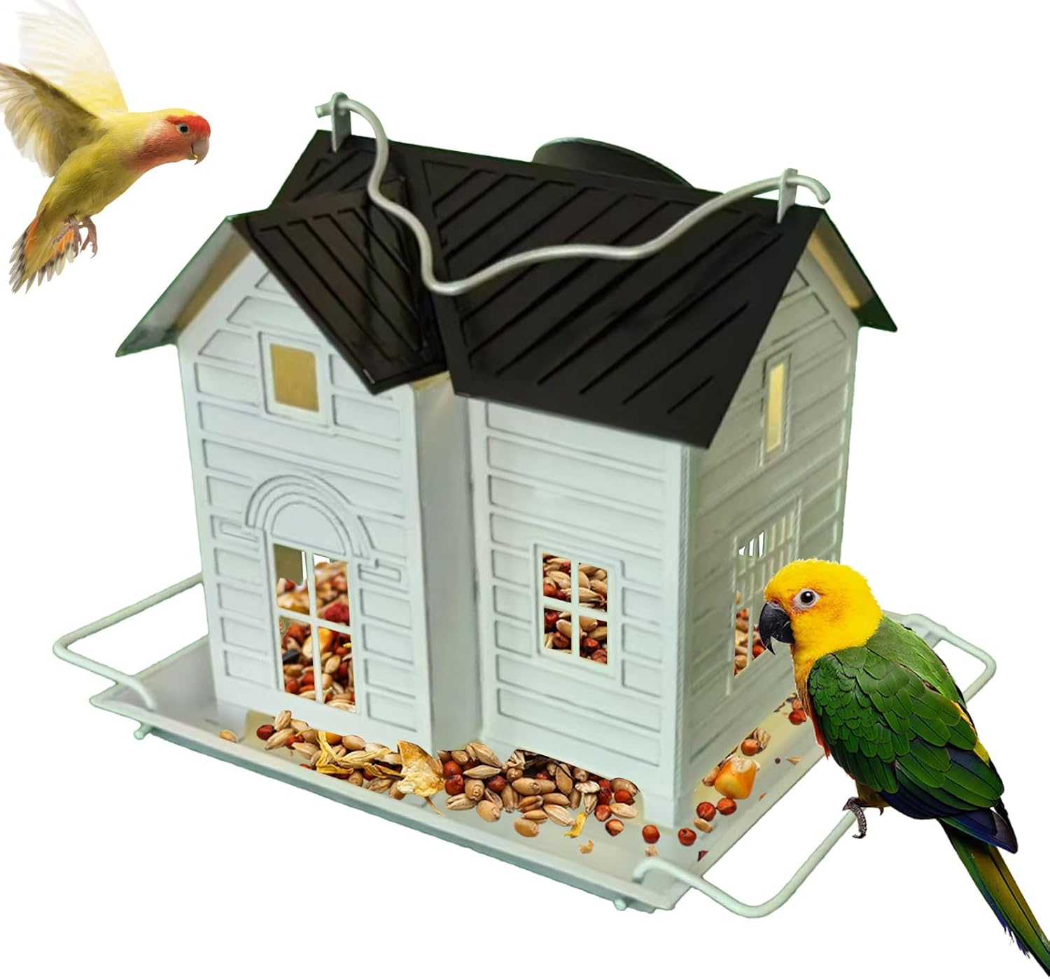 Bird Feeder for outside - Metal Finch Food Dispenser with Solar Powered Lantern - Bluebird Feeding Supplies for Garden, Farmhouse, Backyard, Balcony