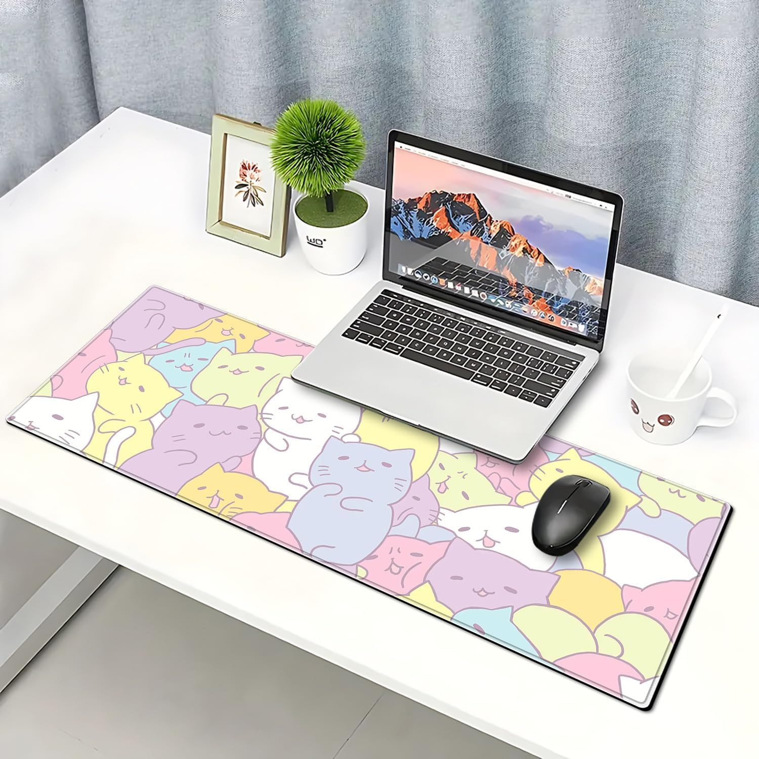 Anime Cute Cat Gaming Mouse Pad Colorful Large Desk Mat, 31.5X11.8 Inch Mousepad Extended Non-Slip Rubber Base Keyboard Mat with Stitched Edges for Desk Home Office - Black Cat3 image number 4
