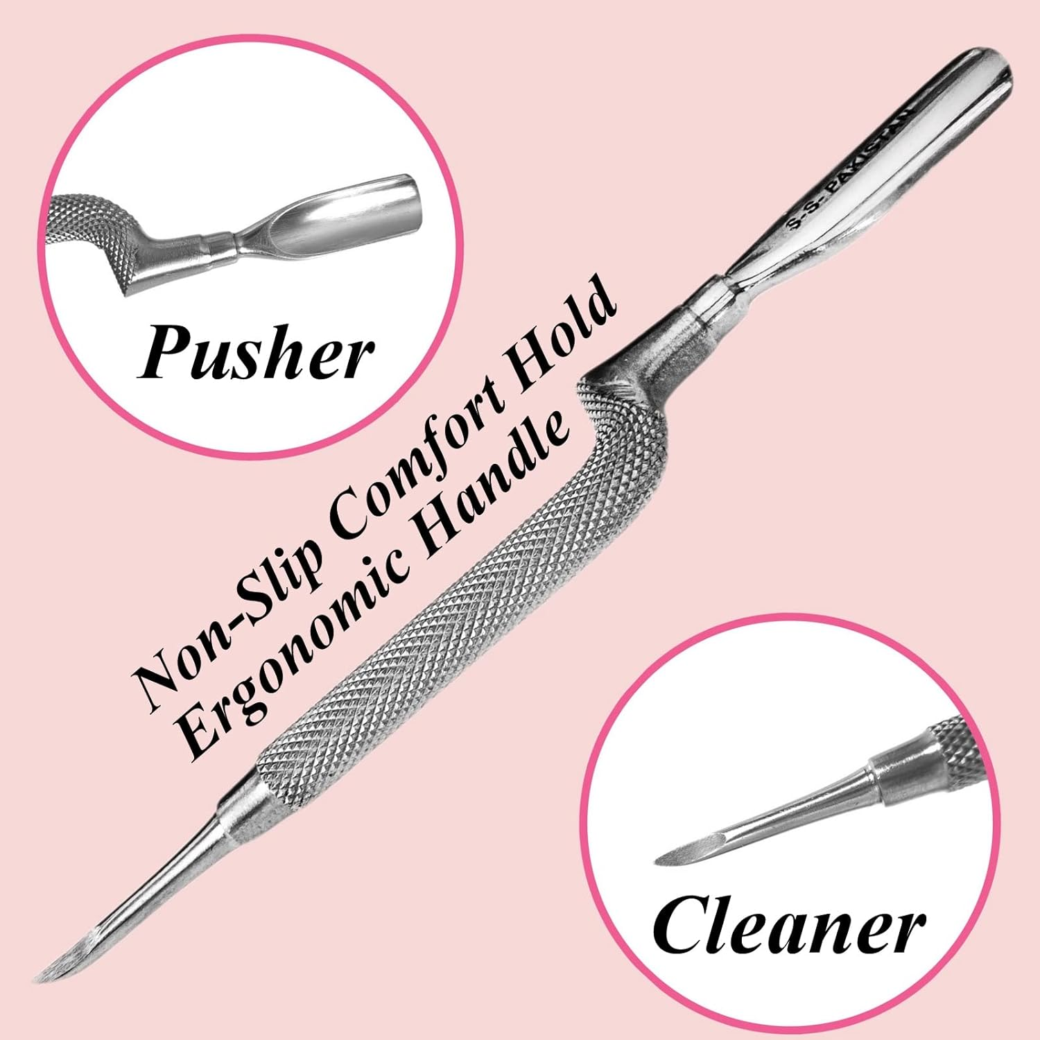 1Pc Comfort Hold Easy Grip Ergonomically Angled Curved Cuticle Pusher Tool Heavy Duty 5" Double Ended Pusher & Cleaner - Premium Pakistan Stainless Steel image number 4