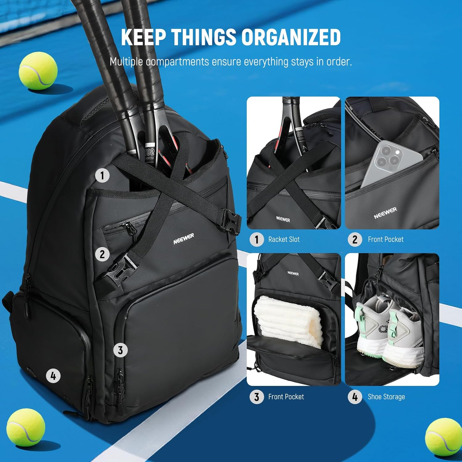 NEEWER Tennis Bag for Men/Women, Hold up to 2 Rackets, Water Resistant 1000D PU Tennis Ball Pickleball Racquetball Backpack with Shoe Compartment, Side Pocket, Accessories Pockets, Fence Hook, TB02B image number 2