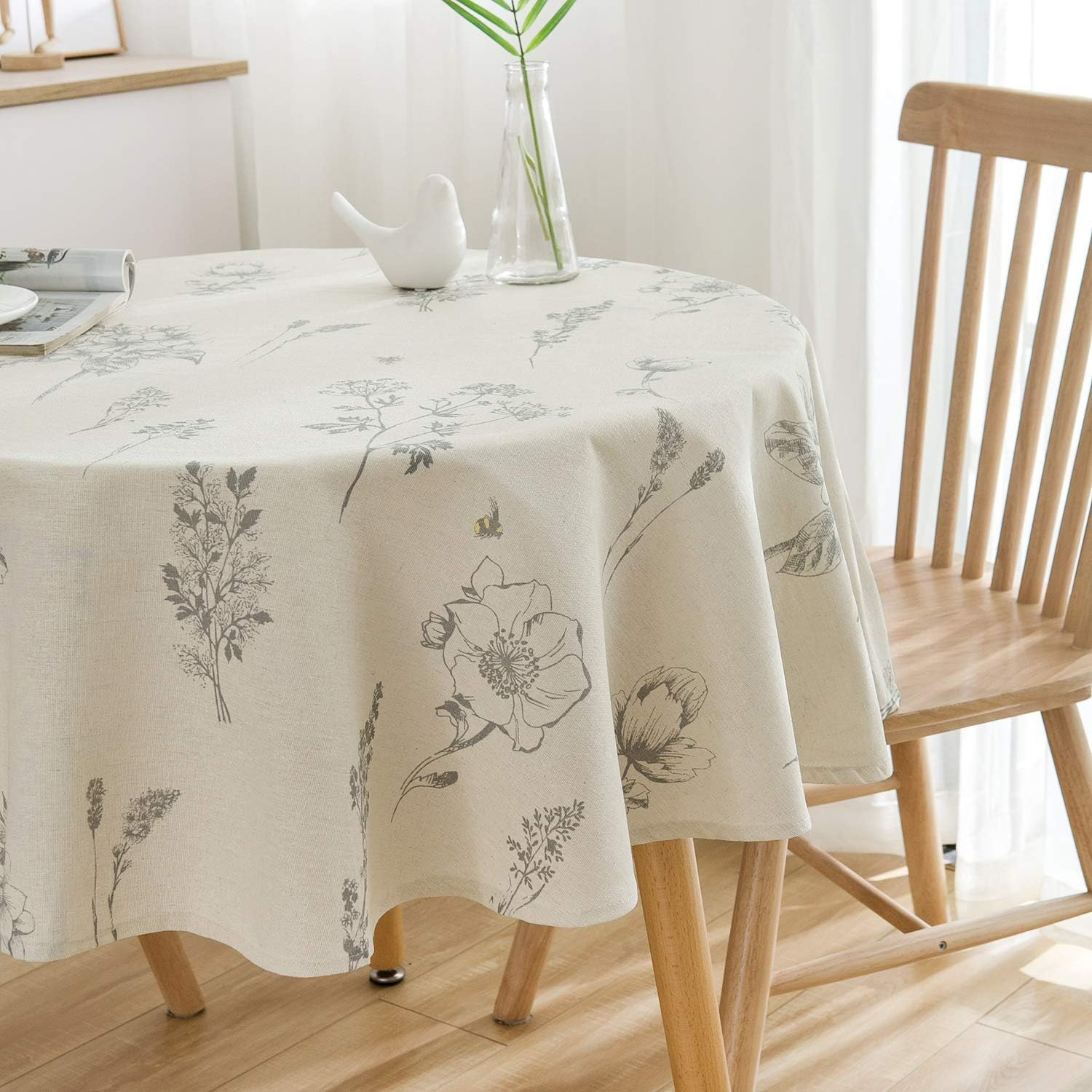Colorbird Fern Print round Tablecloth Cotton Linen Natural Botanical Decorative Table Cover for Kitchen Dining Room Farmhouse Picnic Indoor Outdoor Use (Round, 60 Inch, Linen)